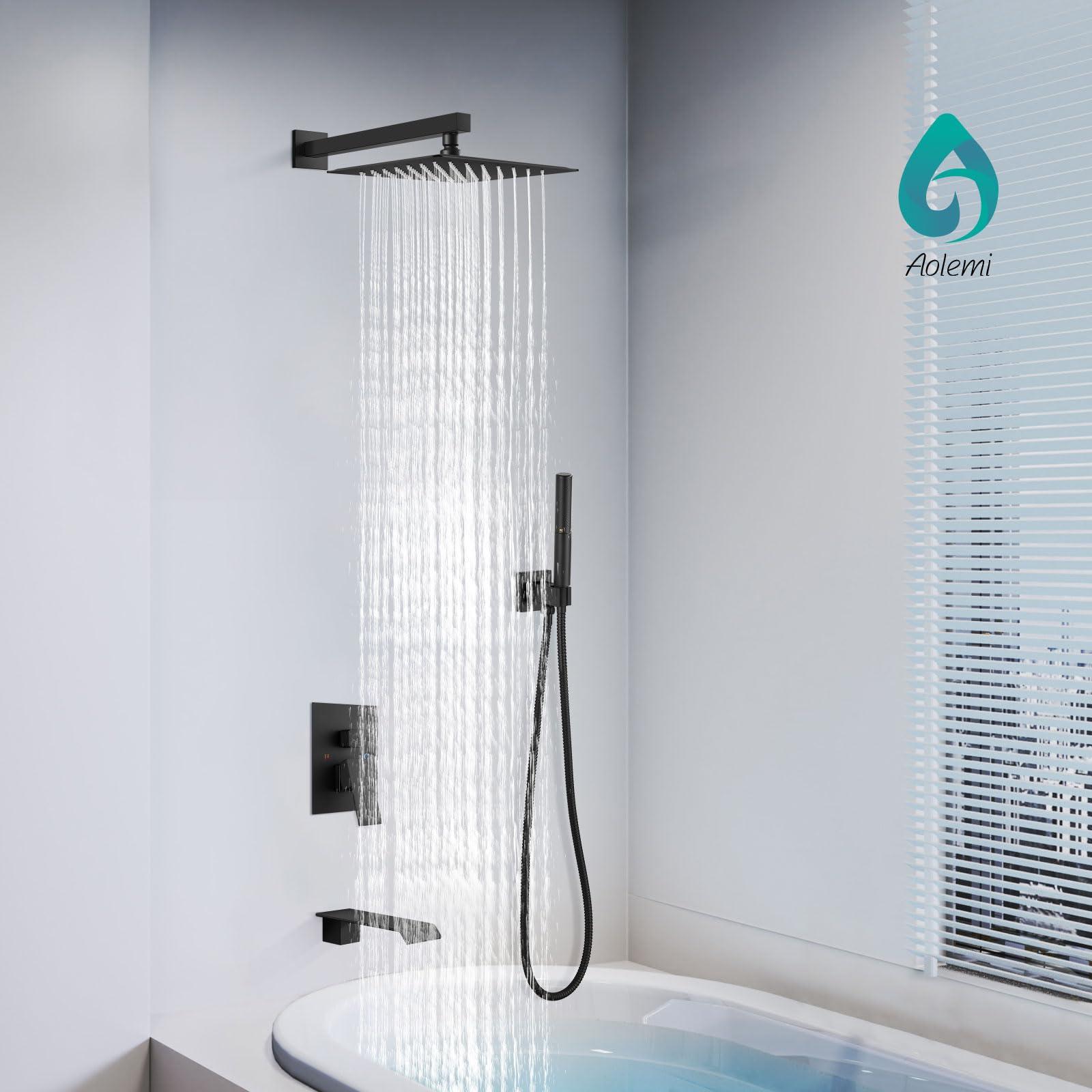 Aolemi 10 Inch Rainfall Shower Tub Faucet Set Wall Mount Tub and Shower Faucet Combo Shower System with 2 in 1 Handheld Sprayer Rough-in Valve Matte Black - Image 2