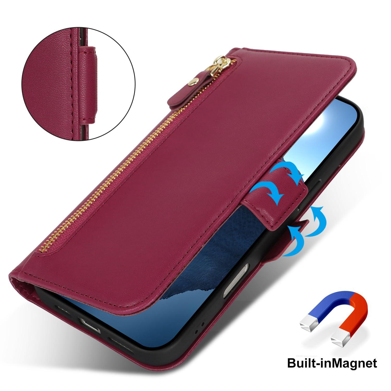 Lipvina for iPhone 16 Wallet Case for Women,Zipper Pocket,PU Leather Phone Case Stand flip Cover Crossbody Lanyard Strap Zipper Credit Card Holder Slots for Apple 16,Wine Red - Image 4