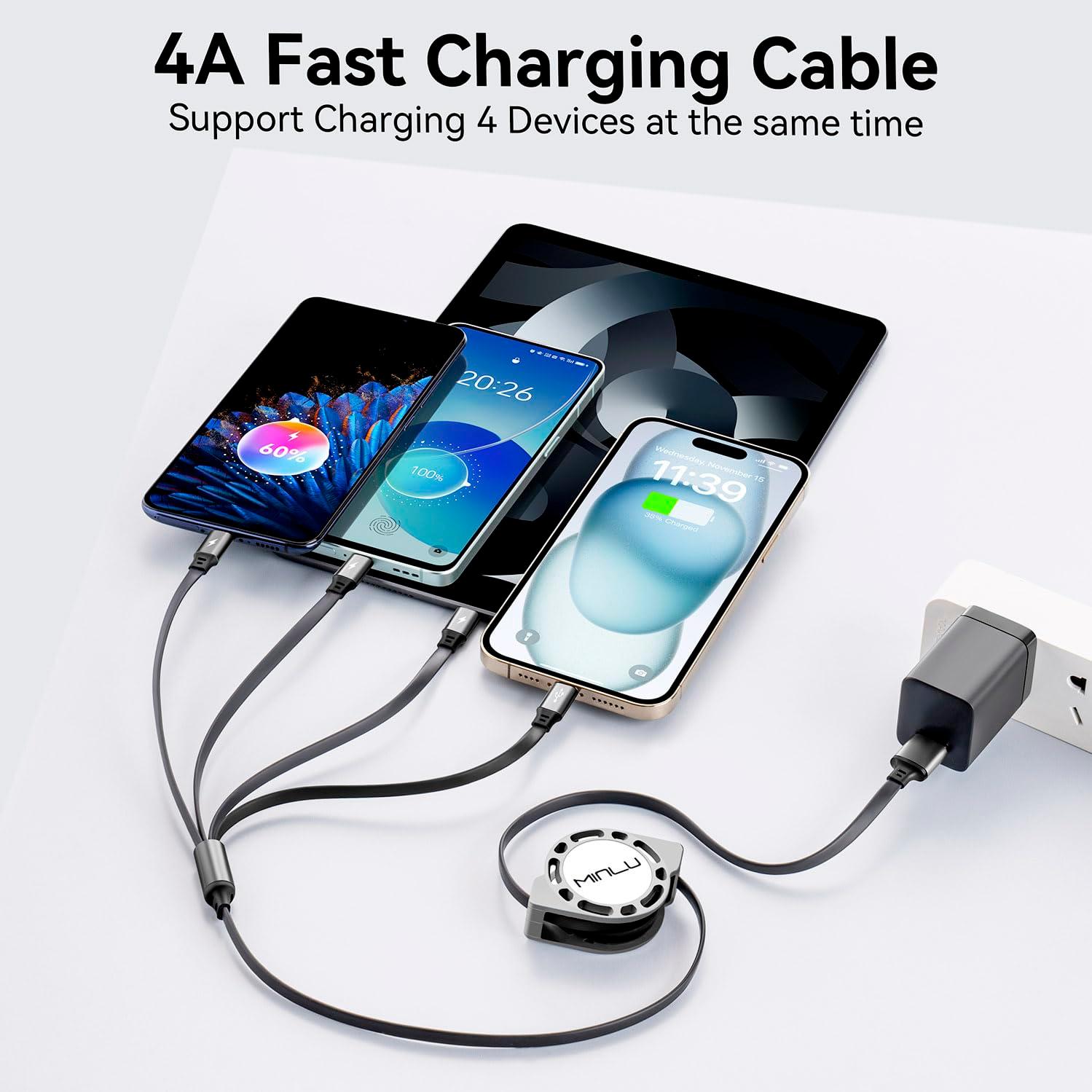 MINLU Multi Charging Cable 4A, 2Pack 4Ft Retractable Multi Fast Charger Cable, Multiple Charging Cord, 4 in 1 Multi USB Cable with Type C/Micro USB Ports for Cell Phones/IP/Galaxy/PS/Tablets/iPads - Image 2