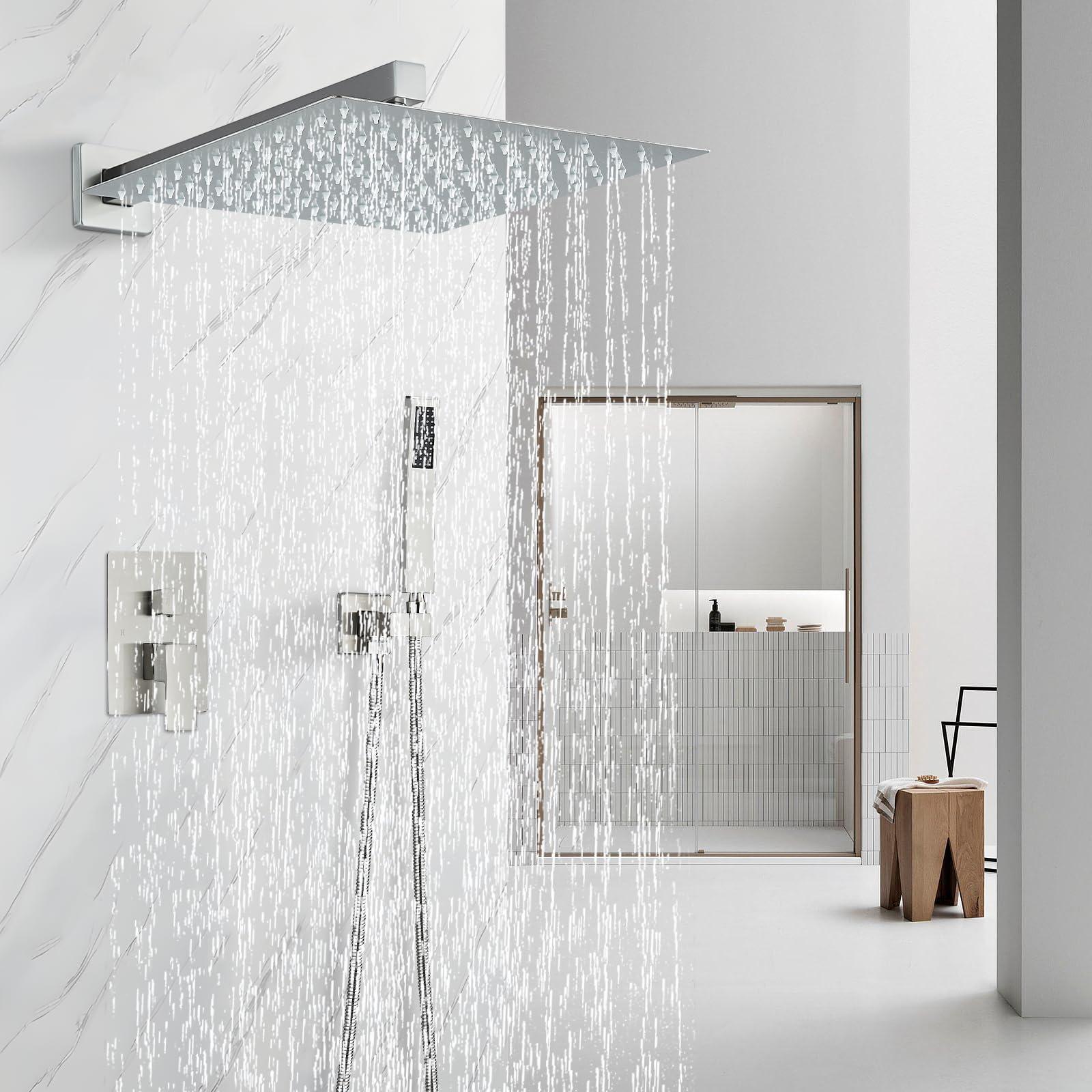 Ackwave Shower Faucet Set Brushed Nickel Shower System with 12 Inches Rain Shower Head and Handheld Sprayer Wall Mounted Shower Fixture Set with Brass Shower Valve - Image 2