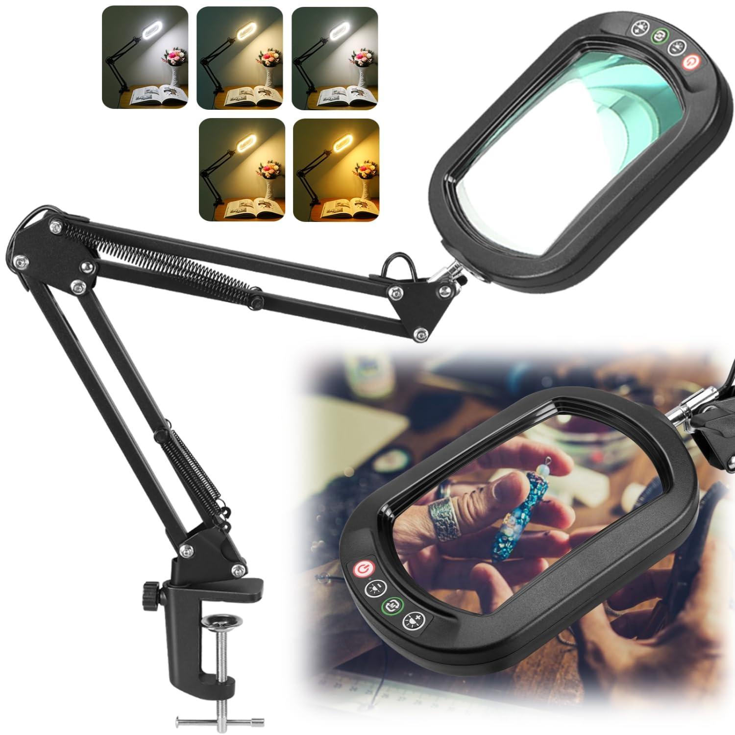 IVMAIE 10X Rectangle Magnifying Glass with Light, 5 Color Modes Stepless Dimmable Magnifier with Stand, LED Lighted Clamp Desk Lamp with Swing Arm, Hands Free for Reading Painting Crafts Close Work