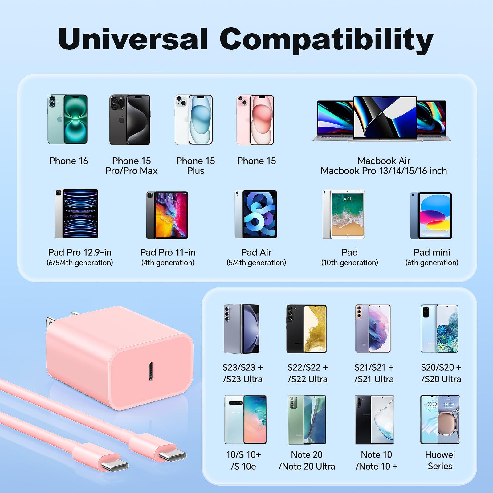 Compatible with iPhone16/15 Charger Fast Charging, 3 Pack 20W USB C Colorful Wall Charger Block with 6ft USB-C to C Cable Compatible with iPhone 16 15 Pro/Plus/Pro Max,Pad Pro 12.9/11 inch,Pad Air 5th - Image 6