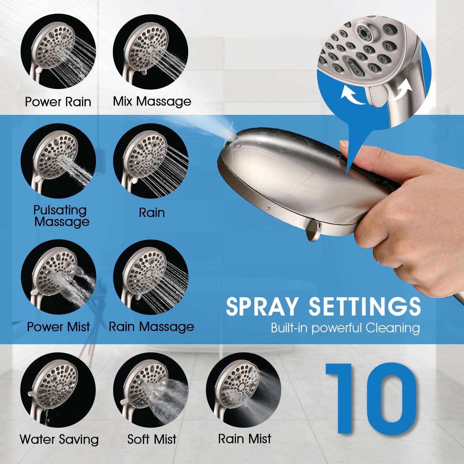 PDPBath 10" Rainfall Shower Head with Handheld Spray, Dual Rain Showerhead with High Pressure 10-Setting Wand Combo, 16" Adjustable Extension Arm Build-in 3-way Diverter, 6ft Hose -Brushed Nickel - Image 5