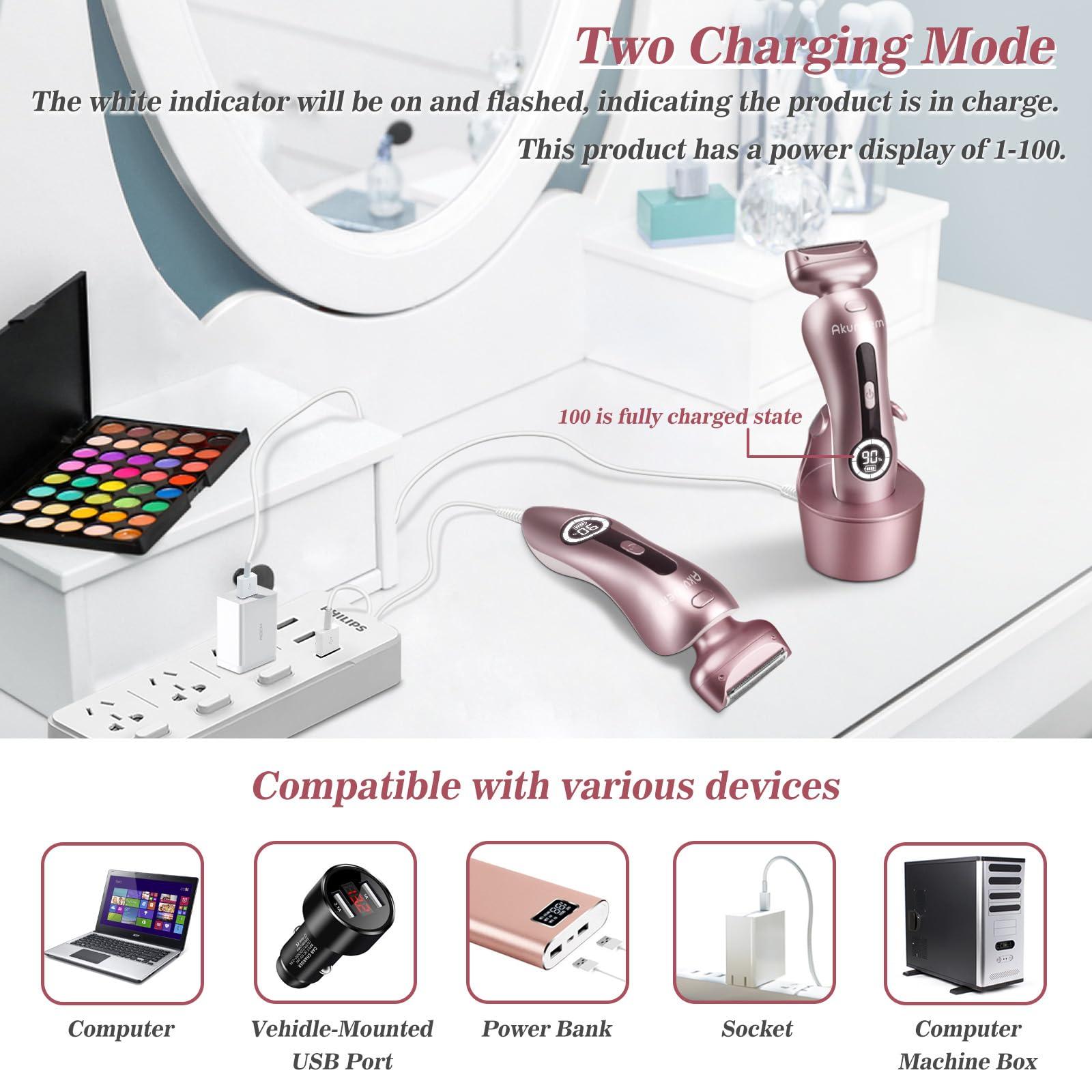 Akunbem Electric Shaver for Women for Legs Bikini Trimmer Electric Razors for Women Underarm Public Hairs Rechargeable Womens Shaver Wet Dry Use Painless Cordless with Detachable Head (Pink) - Image 6