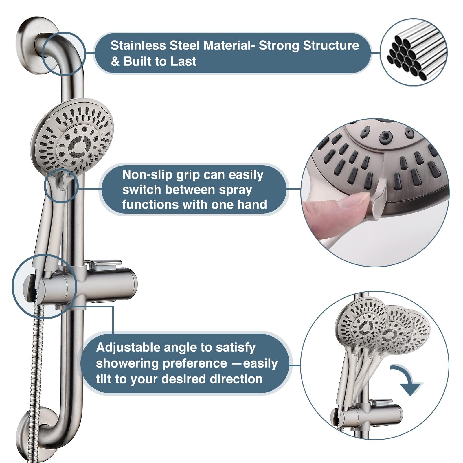 BRIGHT SHOWERS Slide Bar Shower Set with Handheld Shower Head, ADA-Compliant Stainless Steel Grab Bar, Adjustable Height and 69-Inch Hose – Brushed Nickel - Image 5