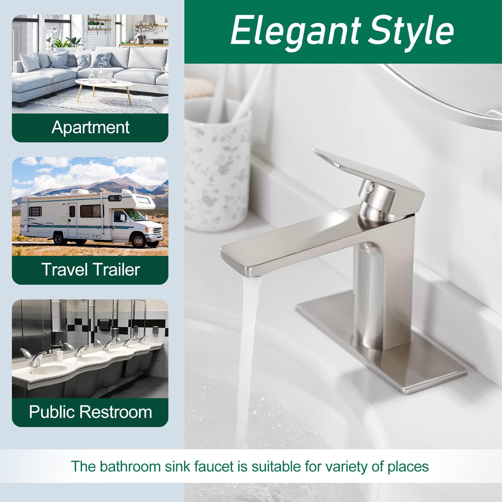 VOTON Bathroom Faucet Brushed Nickel Single Handle Bathroom Faucet 1 or 3 Hole Bathroom Sink Faucet with Deck Plate RV Bathroom Faucet 1.2 GPM - Image 5