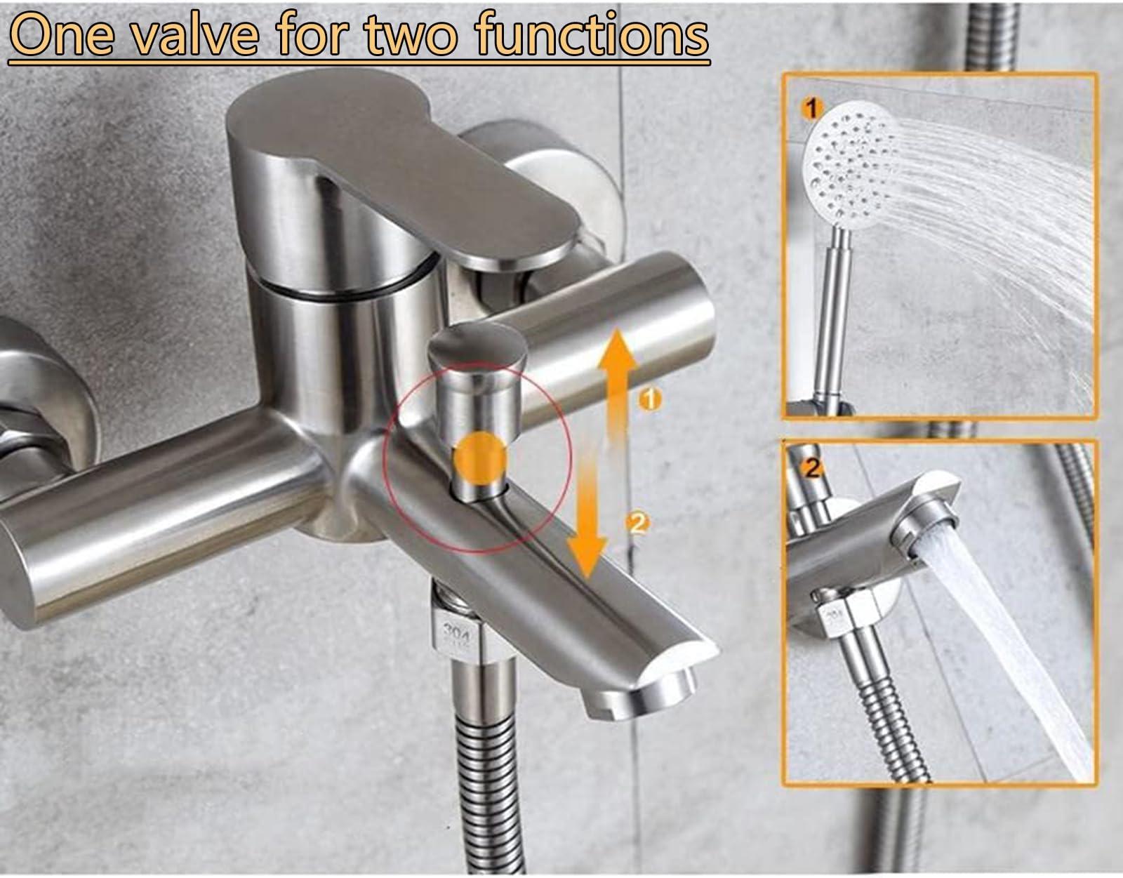 Stainless Steel Bathroom Exposed Shower Tub Faucet Wall-Mounted Shower Mixer Taps, Brushed Nickel Two Spout Manual Control Valve Switch Tap Bathroom Tub Filler - Image 3