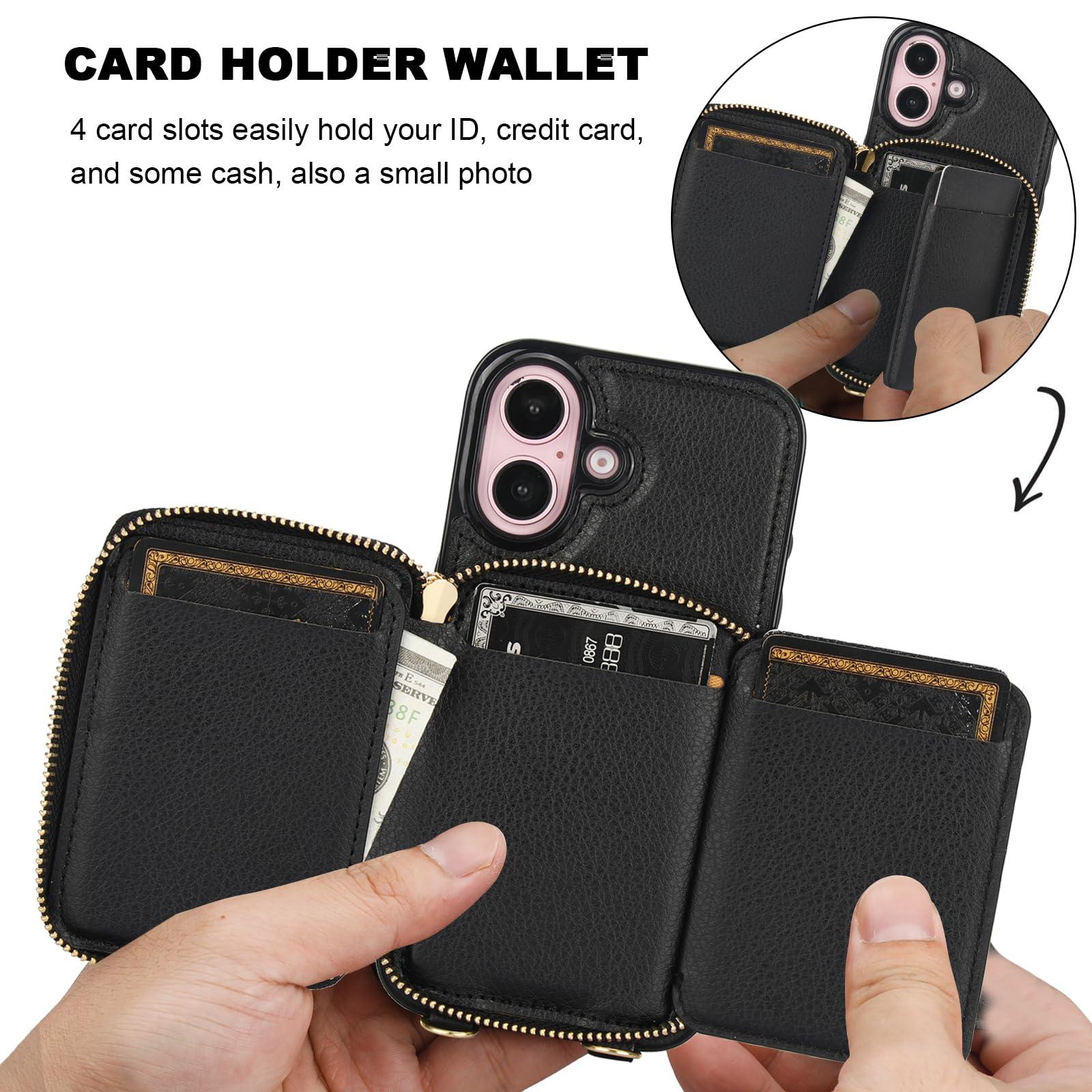Bocasal RFID Blocking Wallet Case for iPhone 16, Adjustable Crossbody Zipper Purse Case Card Holder with Kickstand Detachable Wrist Strap, PU Leather Flip Folio Case 6.1 Inch 5G (Black) - Image 4