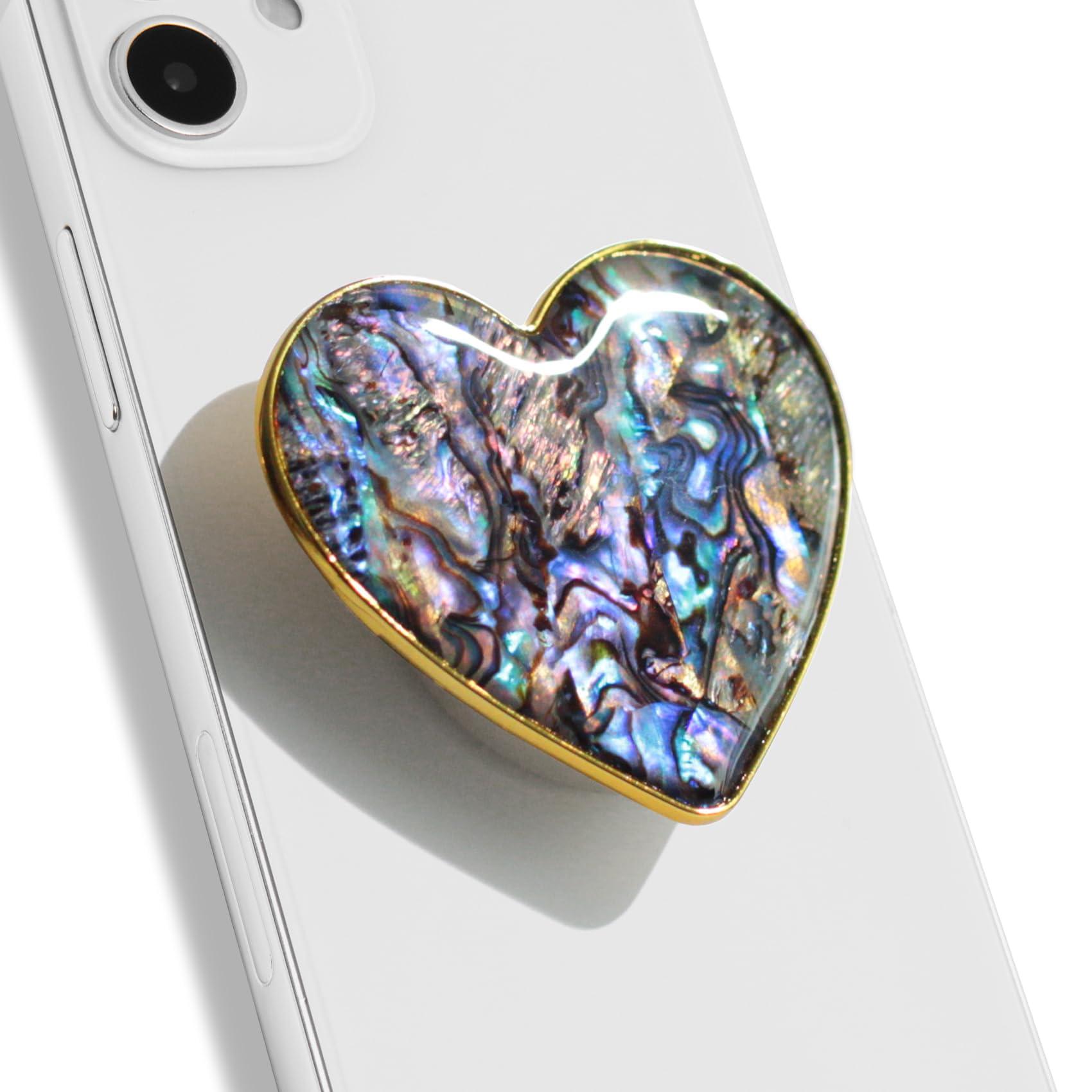 OnTheGrip Cute Natural Seashell Design Heart Shape Collapsible Mobile Phone Grip Stand Holder for Smartphone Tablet Cell Phone Accessory (Black Fresh Water)