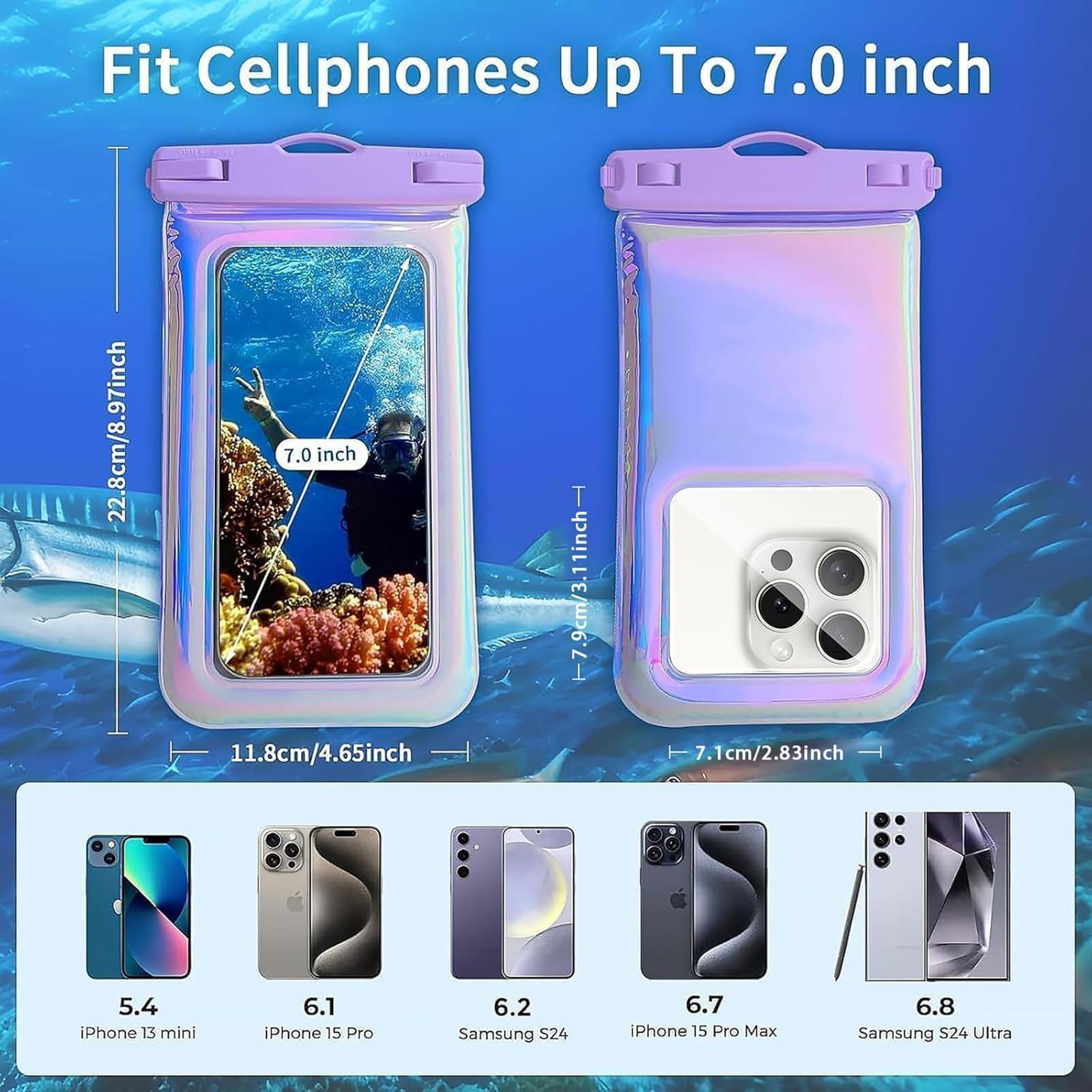 Foweroty Floatable Waterproof Phone Pouch Case for iPhone 16 Pro Max/15/14/13/12, IP68 Travel Cellphone Dry Bag Beach Cruise Ship Essentials Bags with Crossbody Lanyard, Iridescent Purple-7″ - Image 3