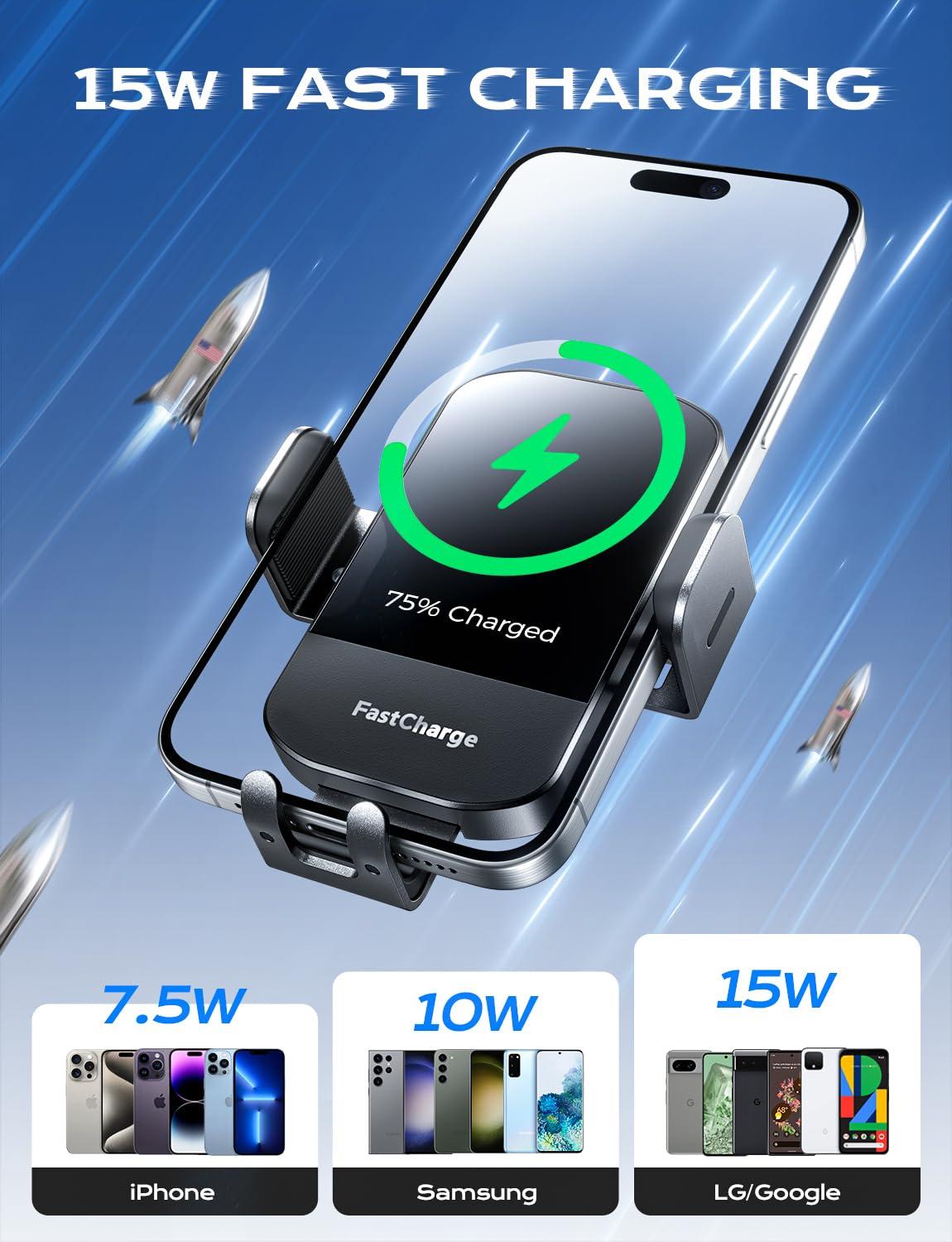 CHGeek Wireless Car Charger, 15W Fast Charging Auto Clamping Car Charger Phone Mount Phone Holder fit for iPhone 16 15 14 13 12 Pro Max 11 XR XS, Samsung Galaxy S24 Ultra S23 S22 S21, S20, S10+, Black - Image 3