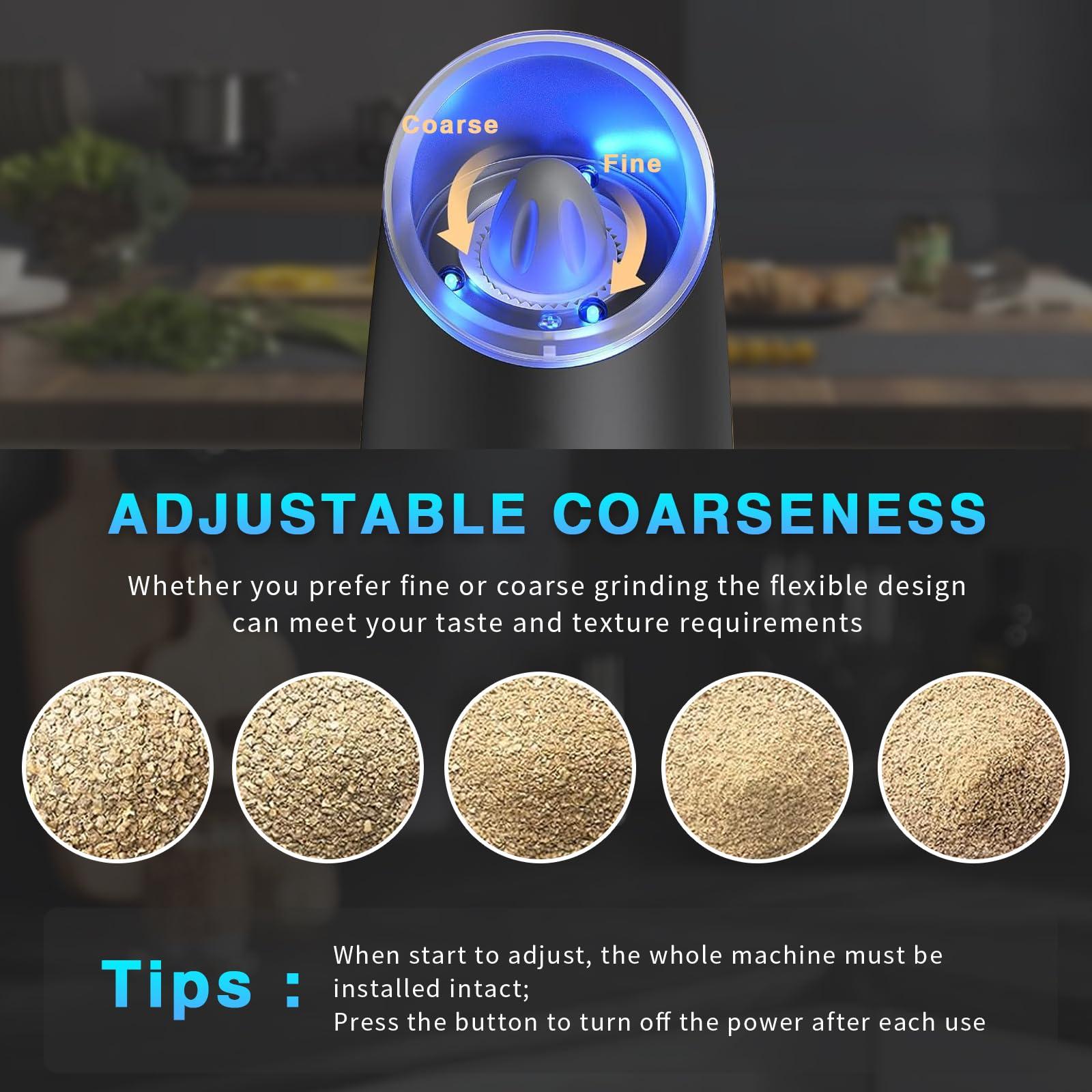 Haomacro Electric Salt and Pepper Grinder Set, Rechargeable Salt and Pepper Shaker with Adjustable Coarseness And LED Light, Automatic Pepper Mills for Kitchen (Black - 2 PCS) - Image 5