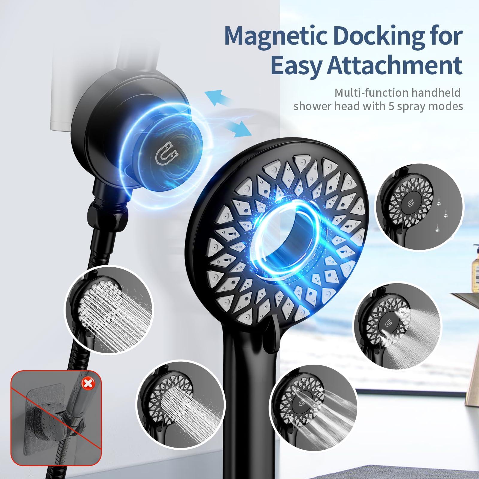 KAIYING Dual Shower Heads with Handheld Spray Combo, Magnetic Filtered Showerhead, Bathroom High Pressure Rainfall Shower Head and Handle Set with Filter for Hard Water, 79" Long Hose (Matte Black) - Image 3