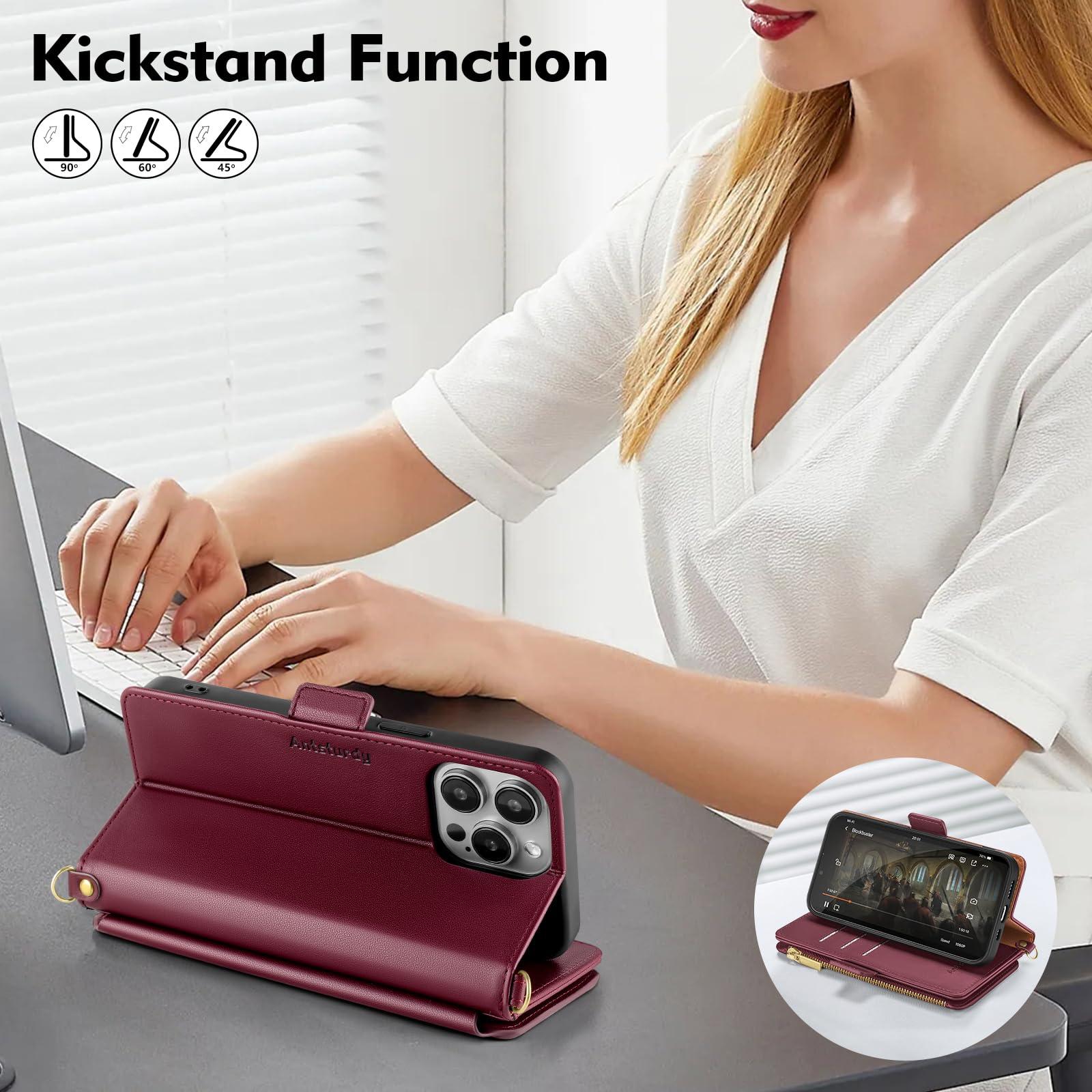 Antsturdy Compatible with iPhone 16 Pro Max Wallet Case for Women【RFID Blocking】 Crossbody Phone Case PU Leather Zipper with Wrist Strap Flip Cover Credit Card Holder for Apple 16 Pro Max,Wine Red - Image 7