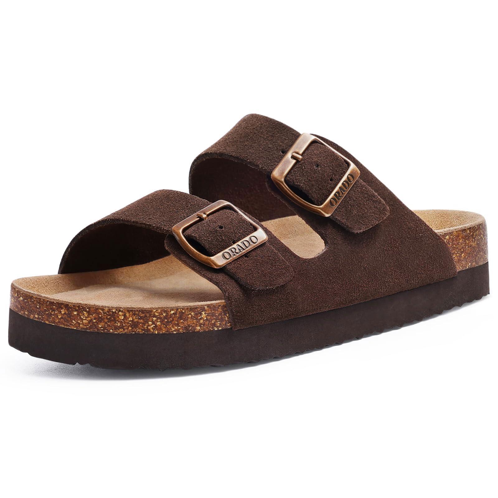ORADO Platform Suede Sandals for Women Soft Cork Footbed Summer Slides with Adjustable Buckle