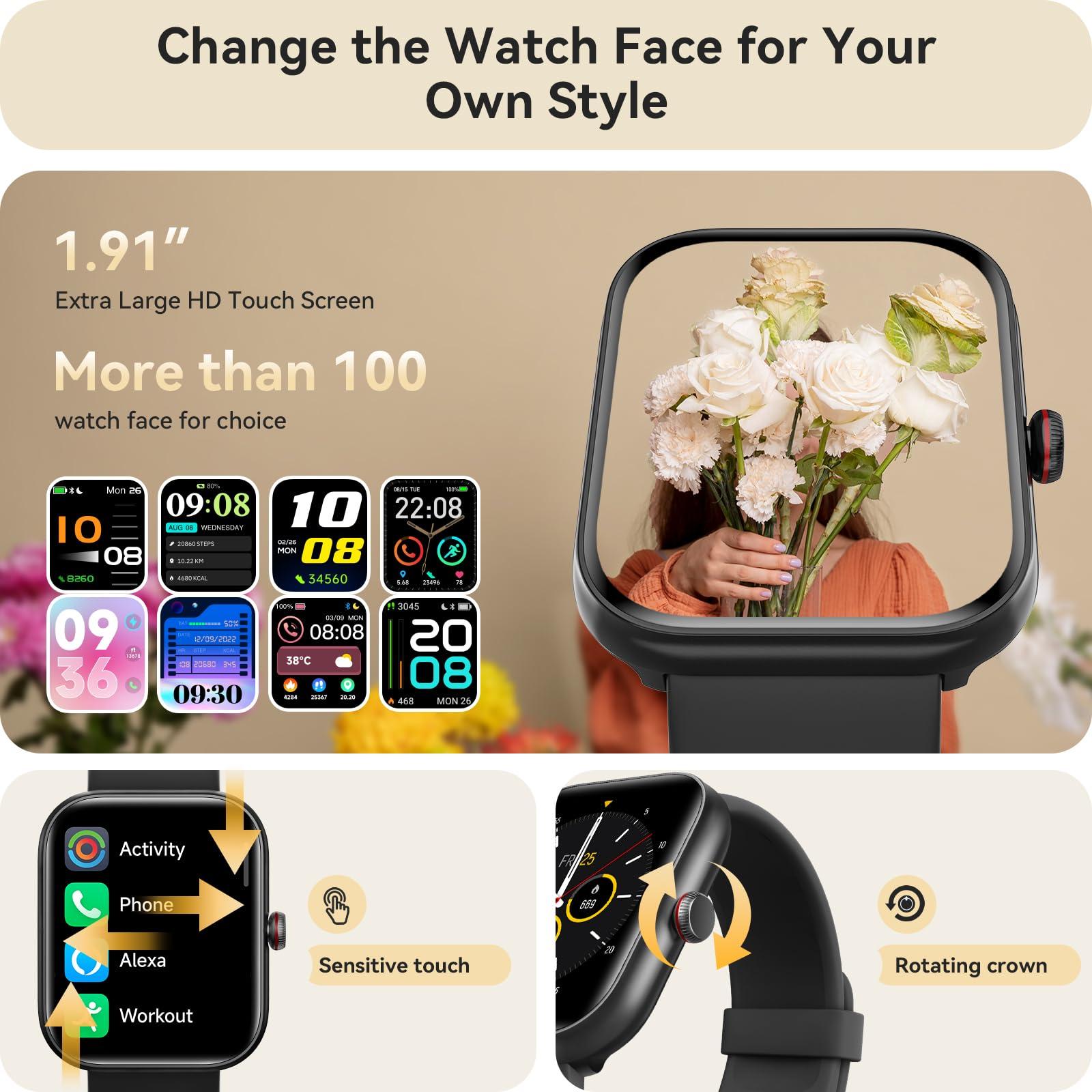 Smart Watch for Women Men, Smartwatch for iPhone & Android Bluetooth (Answer/Call) Built-in Alexa, 1.91" HD Fitness Tracker with 105+ Sport Modes, IP68 Waterproof, Sleep/Heart Rate/SpO2/Stress Monitor - Image 6