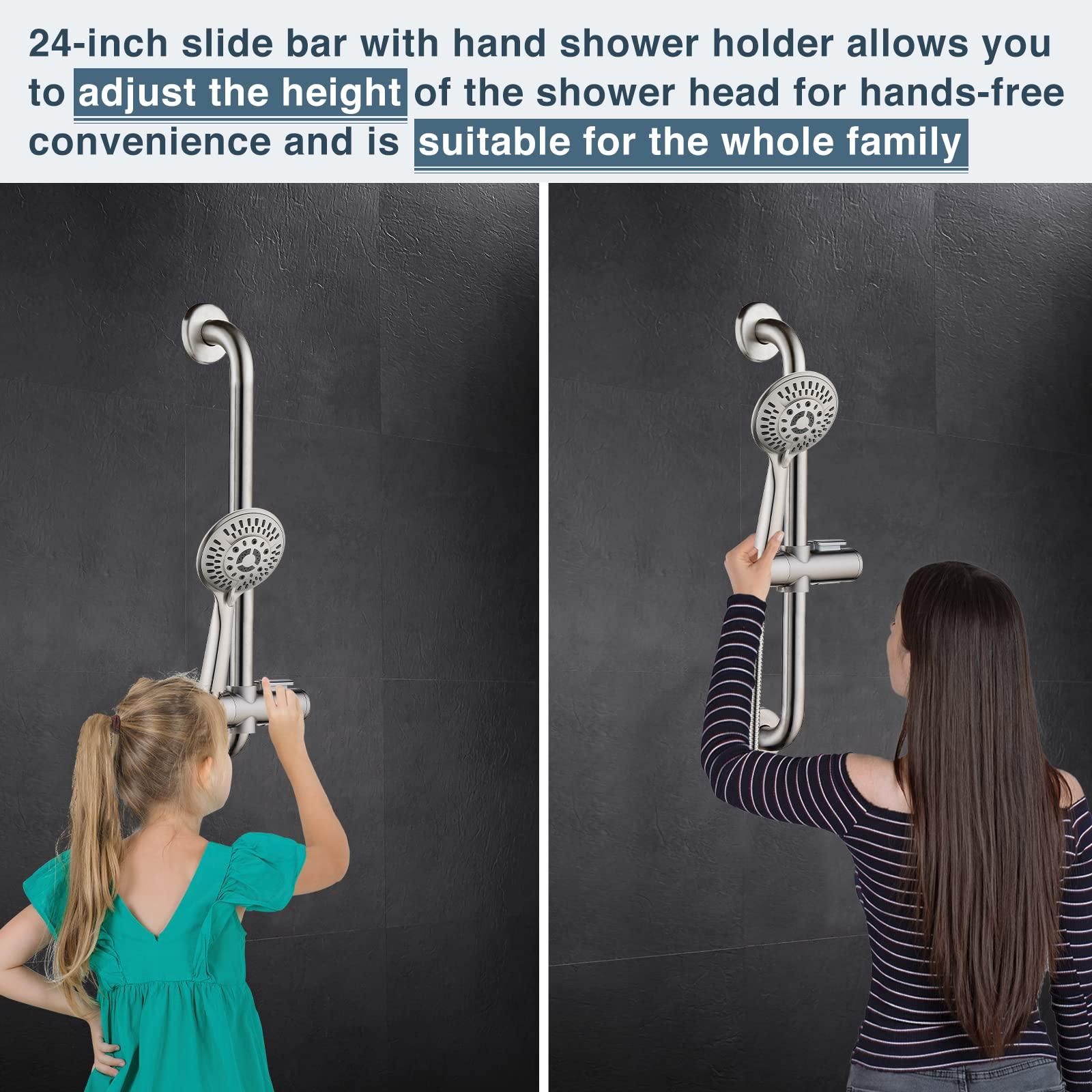 BRIGHT SHOWERS Slide Bar Shower Set with Handheld Shower Head, ADA-Compliant Stainless Steel Grab Bar, Adjustable Height and 69-Inch Hose – Brushed Nickel - Image 4
