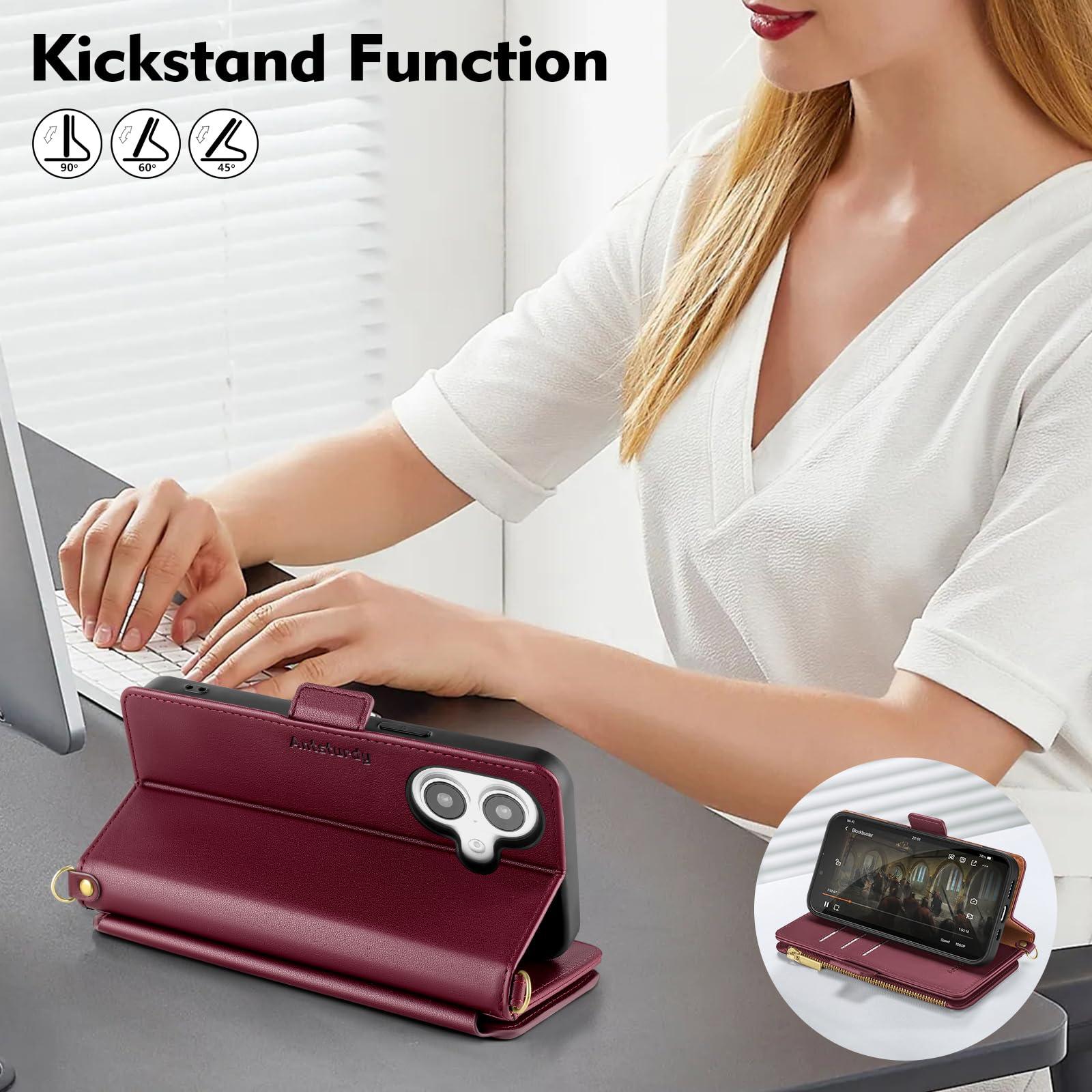 Antsturdy Compatible with iPhone 16 Wallet Case for Women【RFID Blocking】 Crossbody Phone Case PU Leather Zipper with Wrist Strap Flip Cover Credit Card Holder for Apple 16 6.1",Wine Red - Image 7