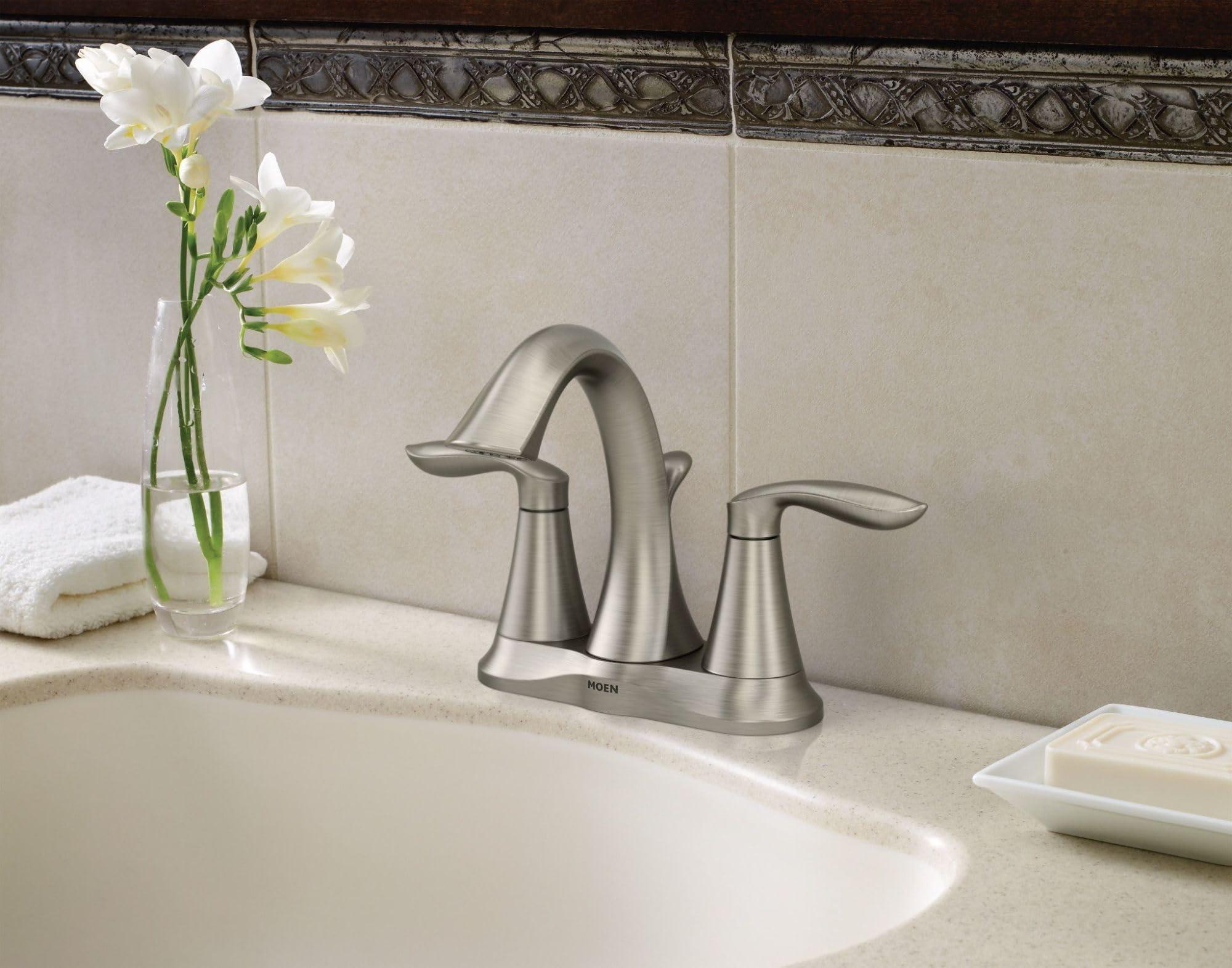Moen Eva Brushed Nickel Two-Handle 4-Inch Centerset Bathroom Faucet with Drain Assembly, Bathroom Faucets for Sink 3-Hole, 6410BN - Image 2