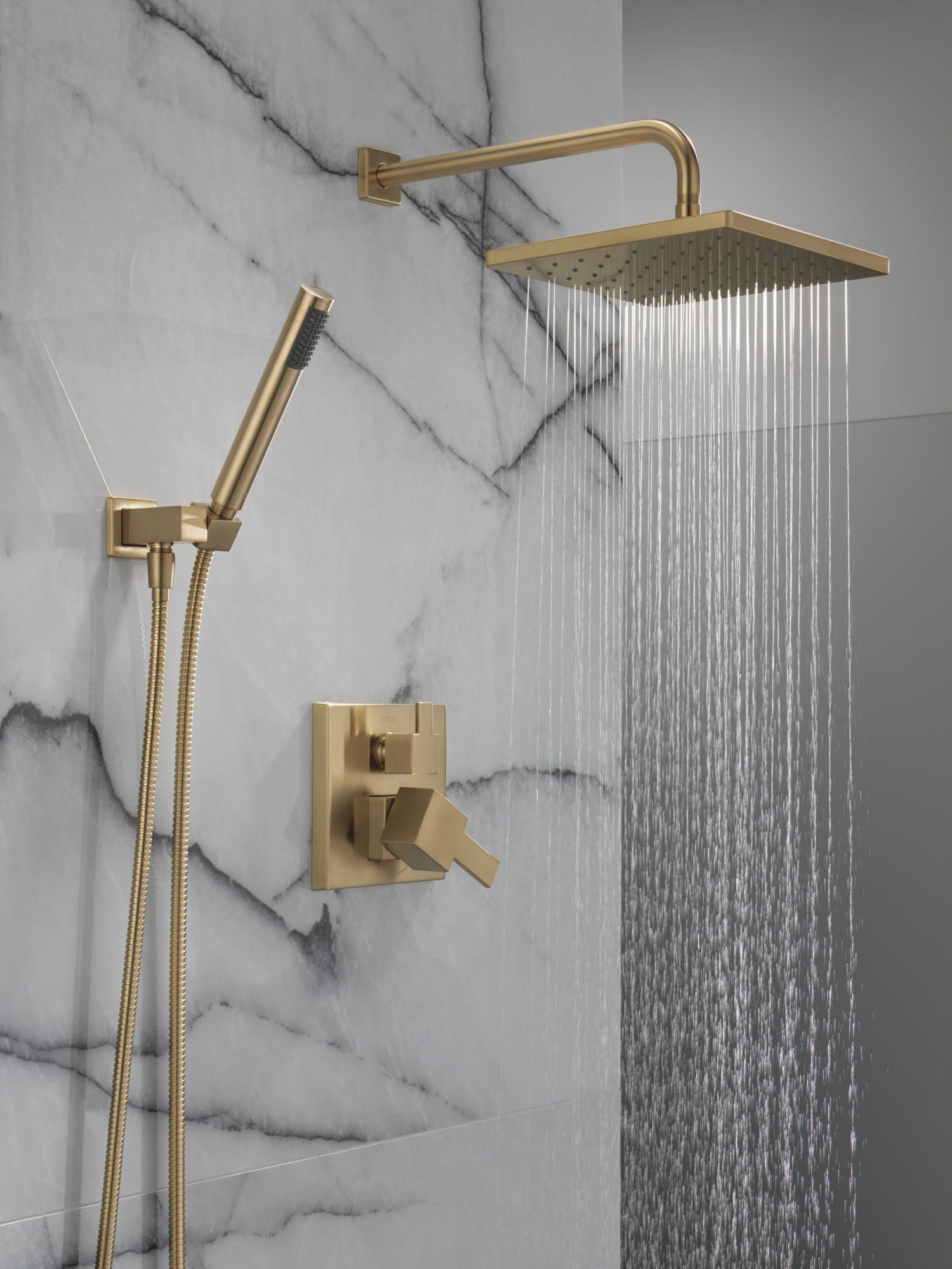 Delta Faucet Modern Raincan 2-Setting Square Shower System Including Rain Shower Head and Handheld Spray Gold, Rainfall Shower System Gold, Shower Valve and Trim Kit, Champagne Bronze 342701-CZ - Image 2