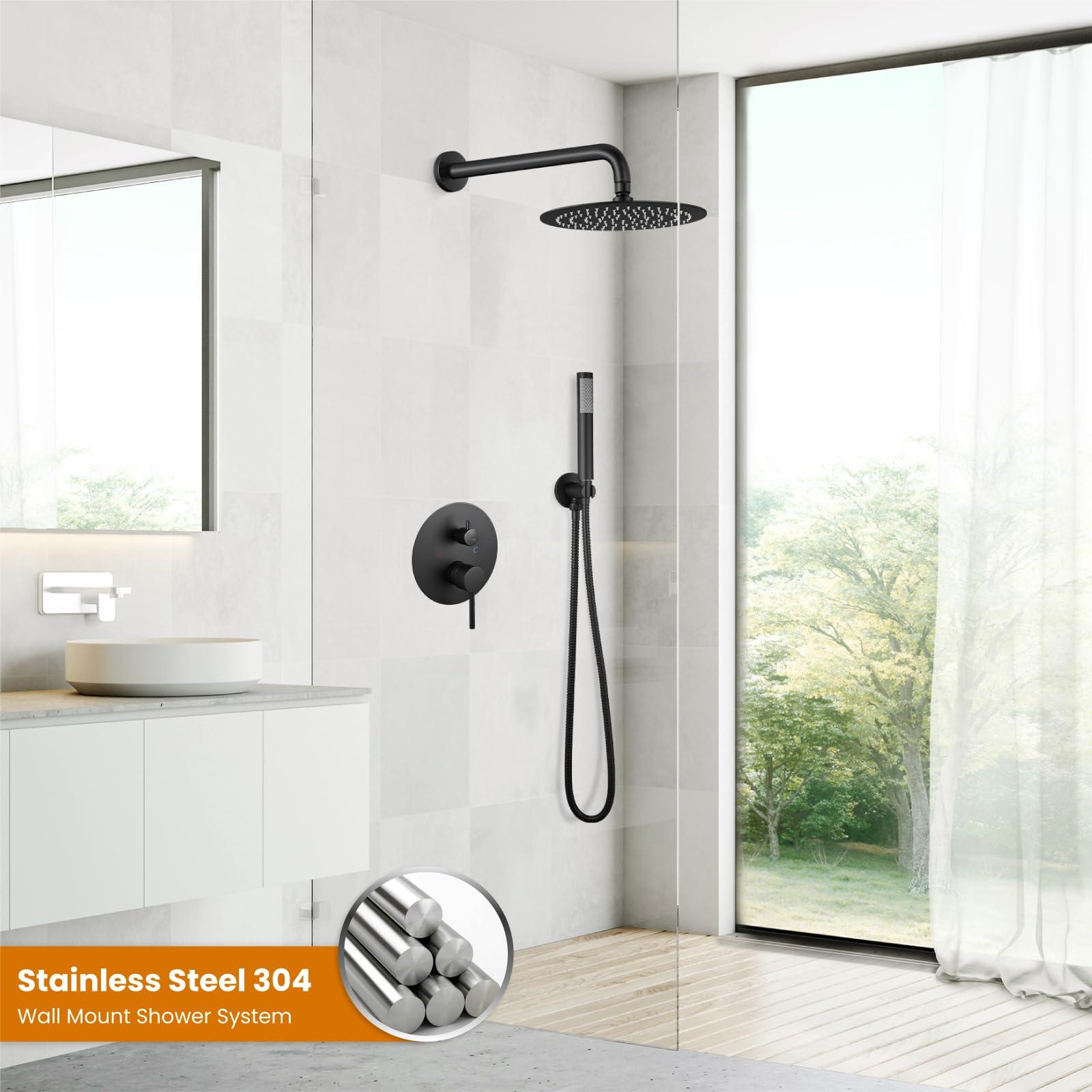 gotonovo Shower System 10 Inch Round Rainfall Showerhead Wall Mounted High Pressure Shower Faucet Set Fixture Combo with Rough in Valve and Cylindrical Handheld Spray, Matte Black - Image 4
