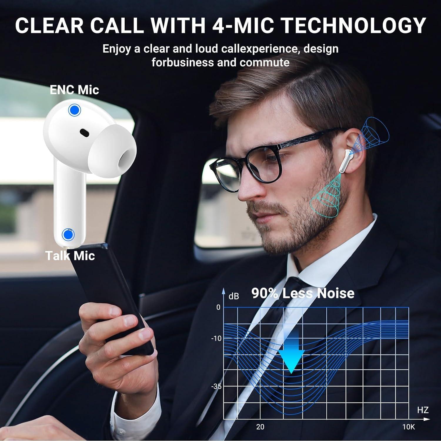 EOQIFJM True Wireless Earbuds Bluetooth 5.3 Mic Noise Cancelling IPX7 Waterproof Hi-Fi Stereo Sound Long Battery 40H Playtime Auto Pairing for iPhone Headphones pro,White - Image 6