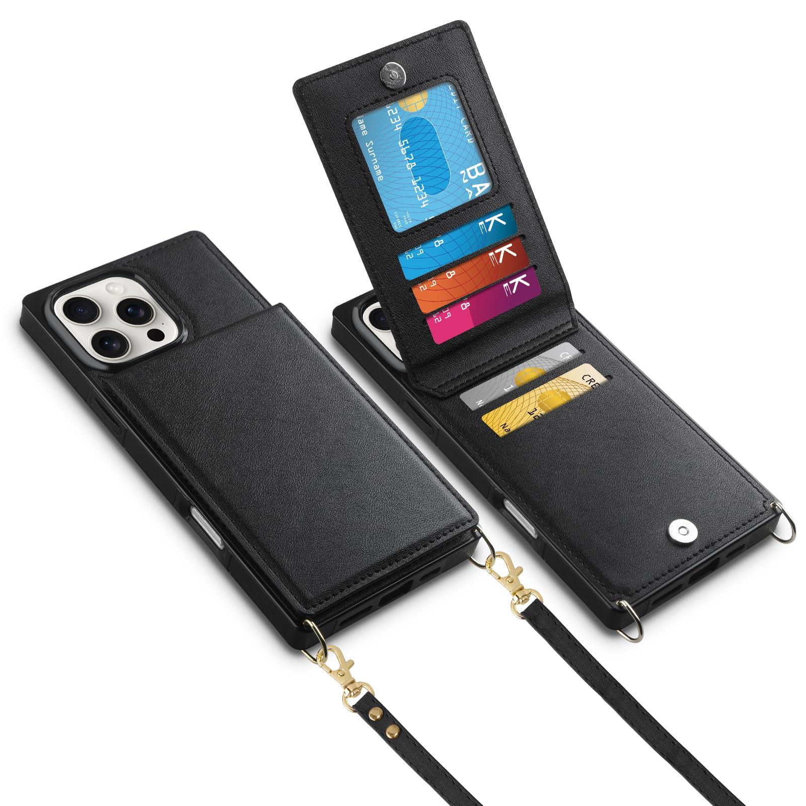 Vofolen for iPhone 16 Pro Max Case with Card Holder Crossbody Lanyard Strap Leather Wallet Case with Magnetic Clasp Kickstand Heavy Duty Protective Flip Cover for iPhone 16 Pro Max for Women, Black