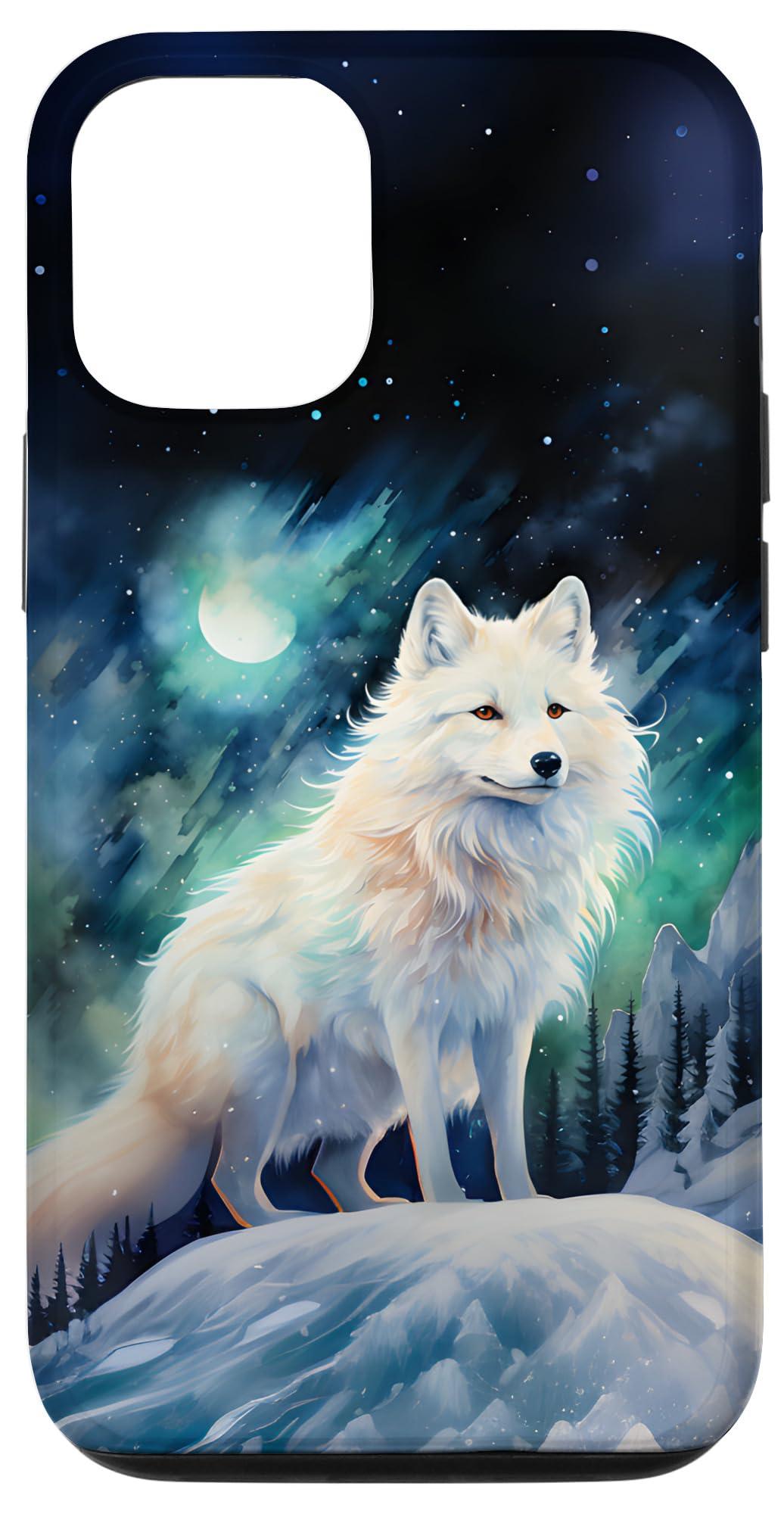 iPhone 15 Arctic Fox Aurora Under a Moon and Starry Sky Watercolor Case