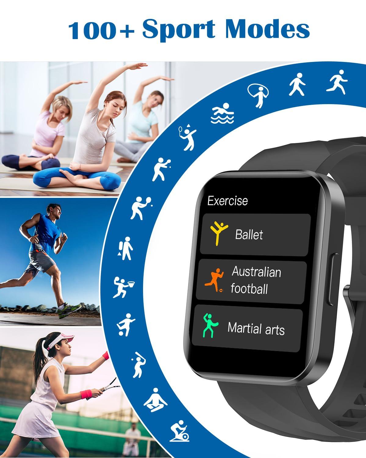 RUIMEN Smart Watches for Men Women (Answer/Make Calls) Compatible with iPhone/Android Phones, 1.85" HD Screen Fitness Tracker Heart Rate Monitor 100+ Sports Tracker Watch Waterproof (Black) - Image 3