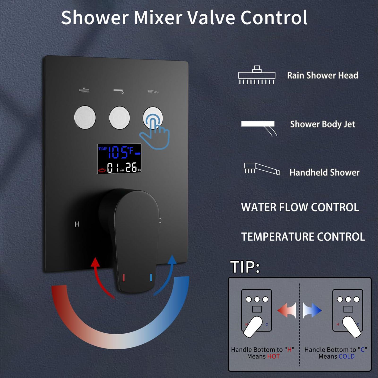 WHSHOWER Dual Shower Heads Shower System with 12 Inch Ceiling Rainfall Shower Head and 8 Inch Side Shower Head Digital Display Shower Fixtures Luxury Shower Faucet Set,Matte Black - Image 4