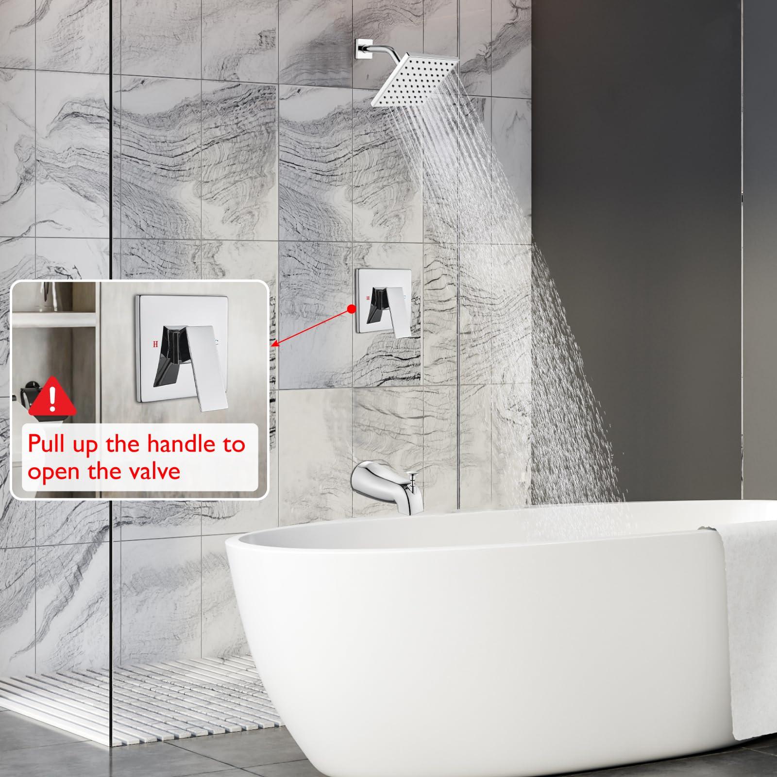 Heyalan Bathtub Shower Faucet Set,6 Inch Square Shower Trim Kit Single Handle Shower System,Showerhead and Handle Set Male Thread Pressure Balance Valve,With Tub Spout,Polished Chrome - Image 9