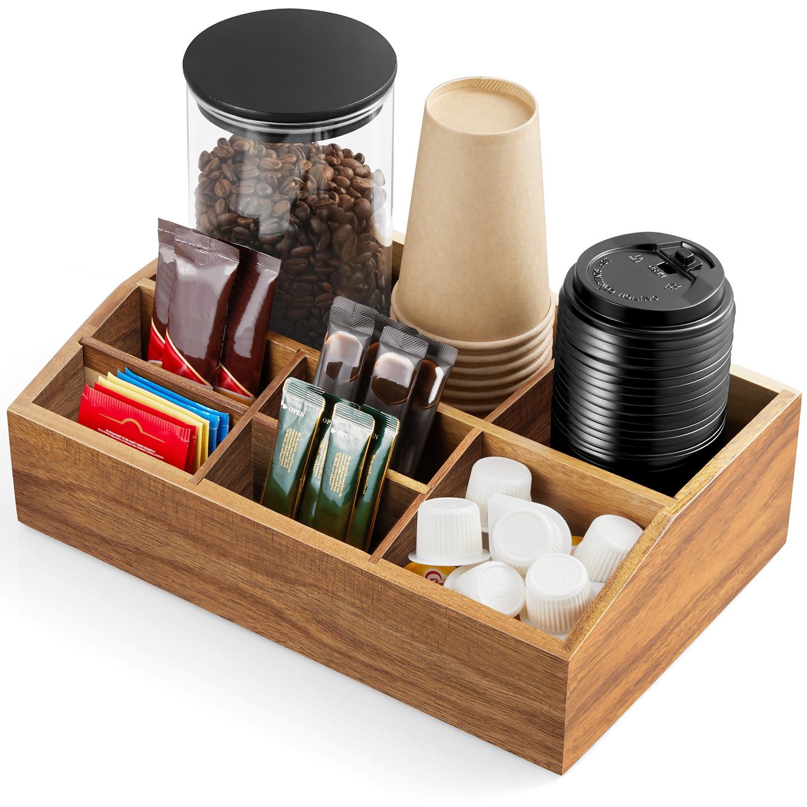 Acacia Wood Coffee Station Organizer for Countertop - 7 Compartments Coffee Bar Accessories and Organizer with Removable Dividers - Coffee and Tea Condiment storage Organizer for Coffee Bar Decor