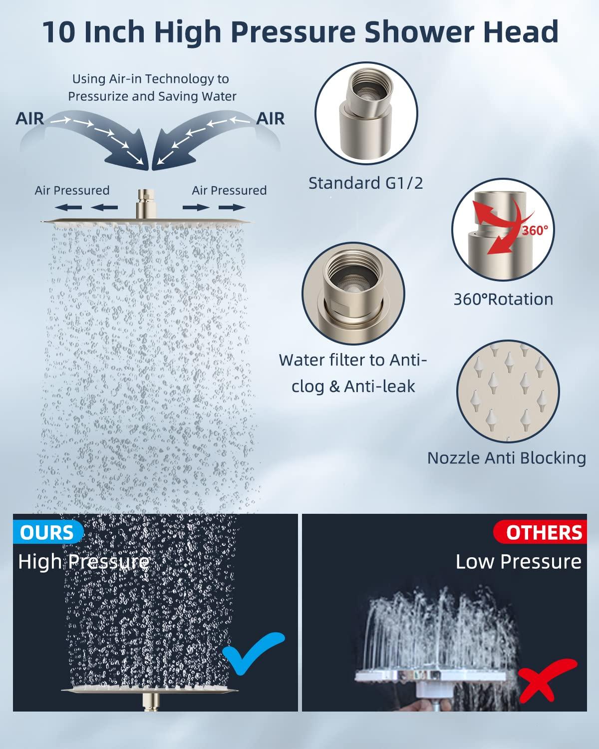 Hibbent All Metal Shower Head,10'' High Pressure Rain Shower Head/Handheld Showerhead Combo with 16'' Adjustable Shower Extension Arm, 7-Spray, 71'' Hose Adhesive Showerhead Holder, Brushed Nickel - Image 4