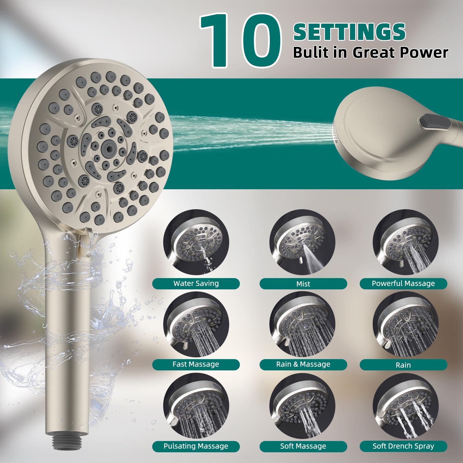 Hygie Rinse 10" All Metal Shower Head Combo, High Pressure 10-Spray Handheld Showerhead Rainfall Shower Head, 71" Long Hose, 3-Way Diverter Valve, Brushed Nickel - Image 3