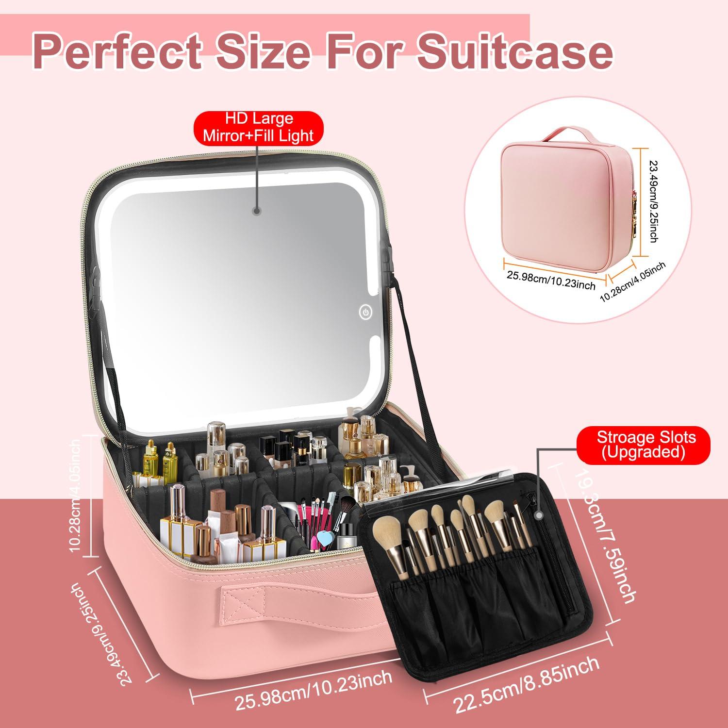 Makeup Case with Lighted Mirror 3 Color Setting,Travel Makeup Bag with Led Mirror with Adjustable Divider,Light Up Makeup Bag Cosmetic Organizer for Makeup Brush,Makeup Accessories,Tools Case,Women - Image 2