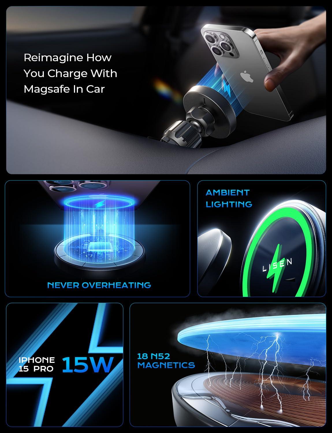 LISEN for 15W MagSafe Car Mount Charger,Magnetic Wireless Car Charger for iPhone 16 Pro Max Accessories,Magnetic Phone Holder for iPhone 16e 15 14 13 12,Samsung with MagSafe,Gifts for Men Women - Image 3