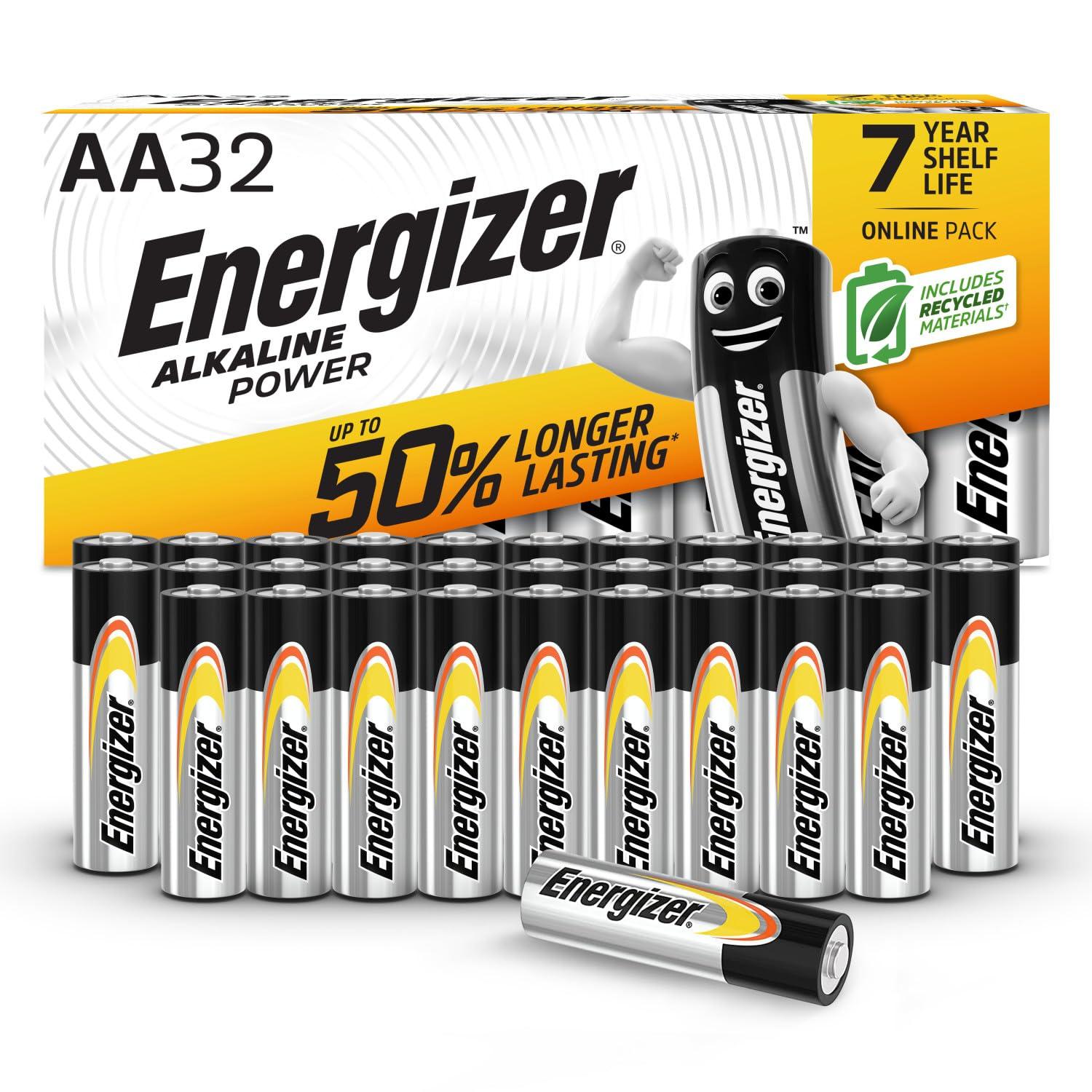 Energizer AA Batteries, Alkaline Power, 32 Pack, Double A Battery Pack - Amazon Exclusive (Packaging May Vary)
