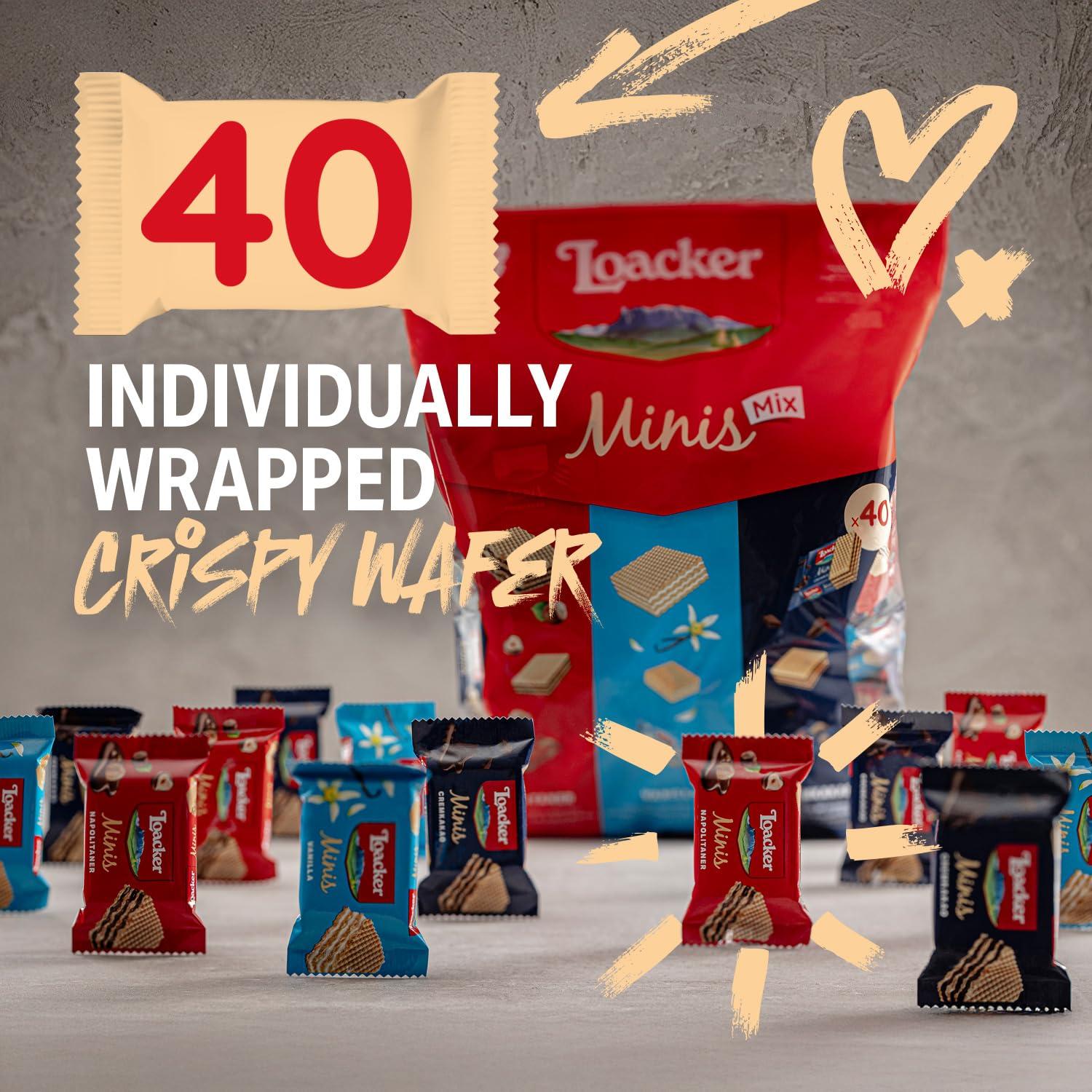 Loacker Minis Wafer Variety Pack - 30% Less Sugar - Premium Assorted Cream Filled Wafer Cookies - Mix of Hazelnut, Chocolate and Vanilla Crispy Wafers - NON-GMO - Sustainably Sourced Ingredients - 10g/0.35oz, 40 Individually Wrapped Snack Packs (mix) - Image 3