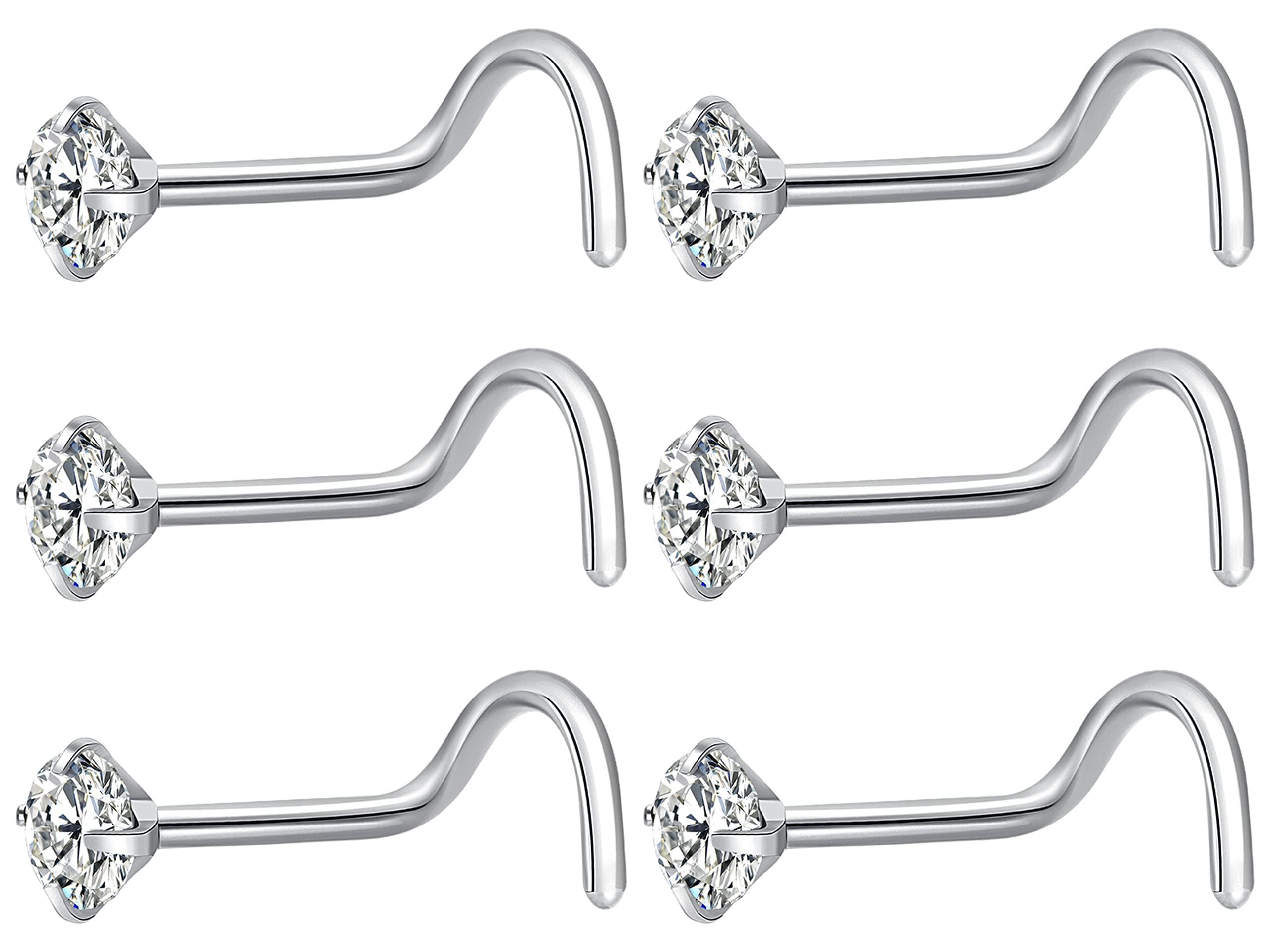 Fzroezz 6Pcs Nose Rings Studs Corkscrew 18 Gauge Nose Piercing Jewelry Real Nose Piercings Surgical Steel 18G Screw Nose Rings Jewelry for Women Men 2mm 2.5mm 3mm CZ Gold Silver Black