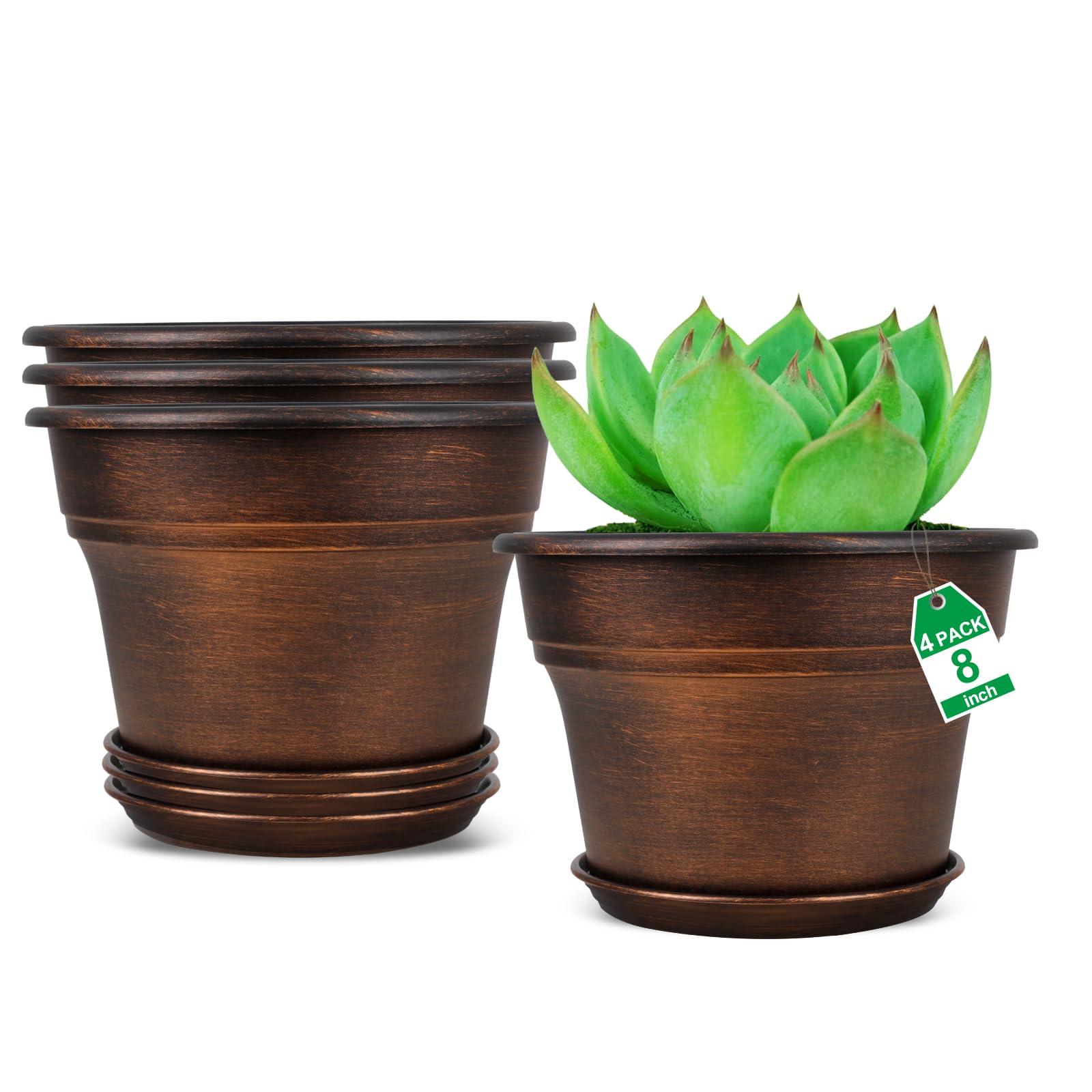 Plant Planters Pots Set of 4 Pack 8 Inch, Plastic Flower Pot for Indoor Plants with Drainage Holes & Trays, Resin Decorative Container Sets with Saucer for House Outdoor Garden Planters Copper