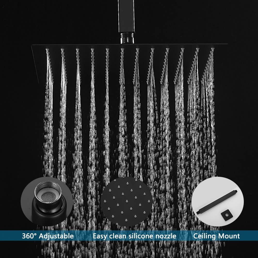 JingGang 12 Inch Ceiling Mount Matte Black Shower System Bathroom Luxury Rain Mixer Shower Combo Set Ceiling Rainfall Shower Head System (Contain Shower Faucet Rough-in Valve Body and Trim) - Image 4