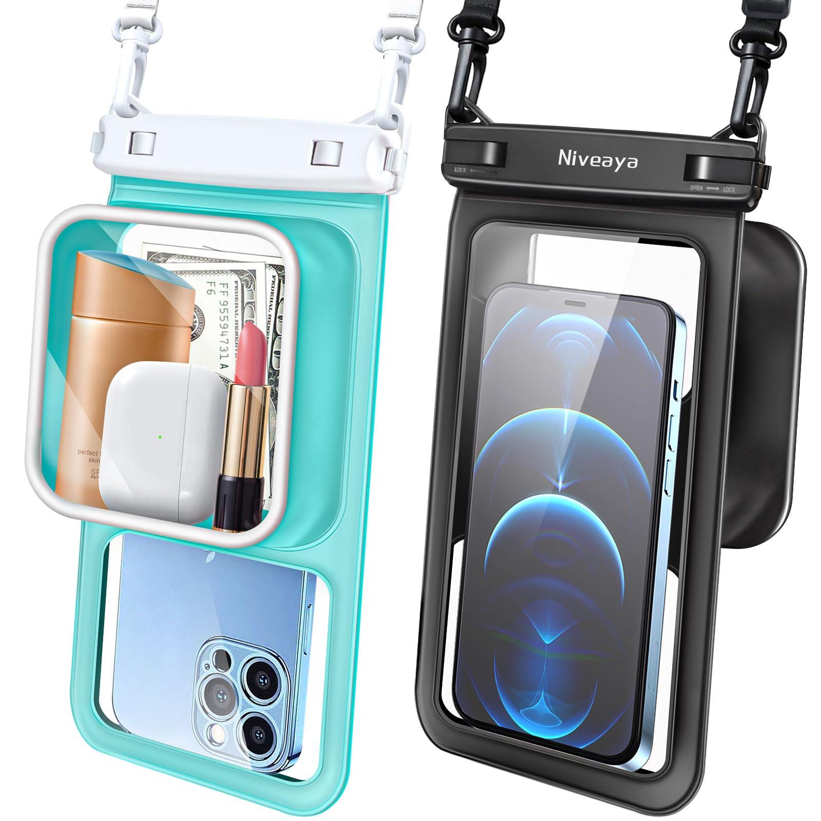 Niveaya [Floatable Floating Waterproof Phone Pouch 2 Pack-Up to 8.5", Large Space Adjustable Neck Lanyard Waterproof Phone Case, Phone Dry Bags for Vacation Beach Pool Kayak Cruise Travel Essentials