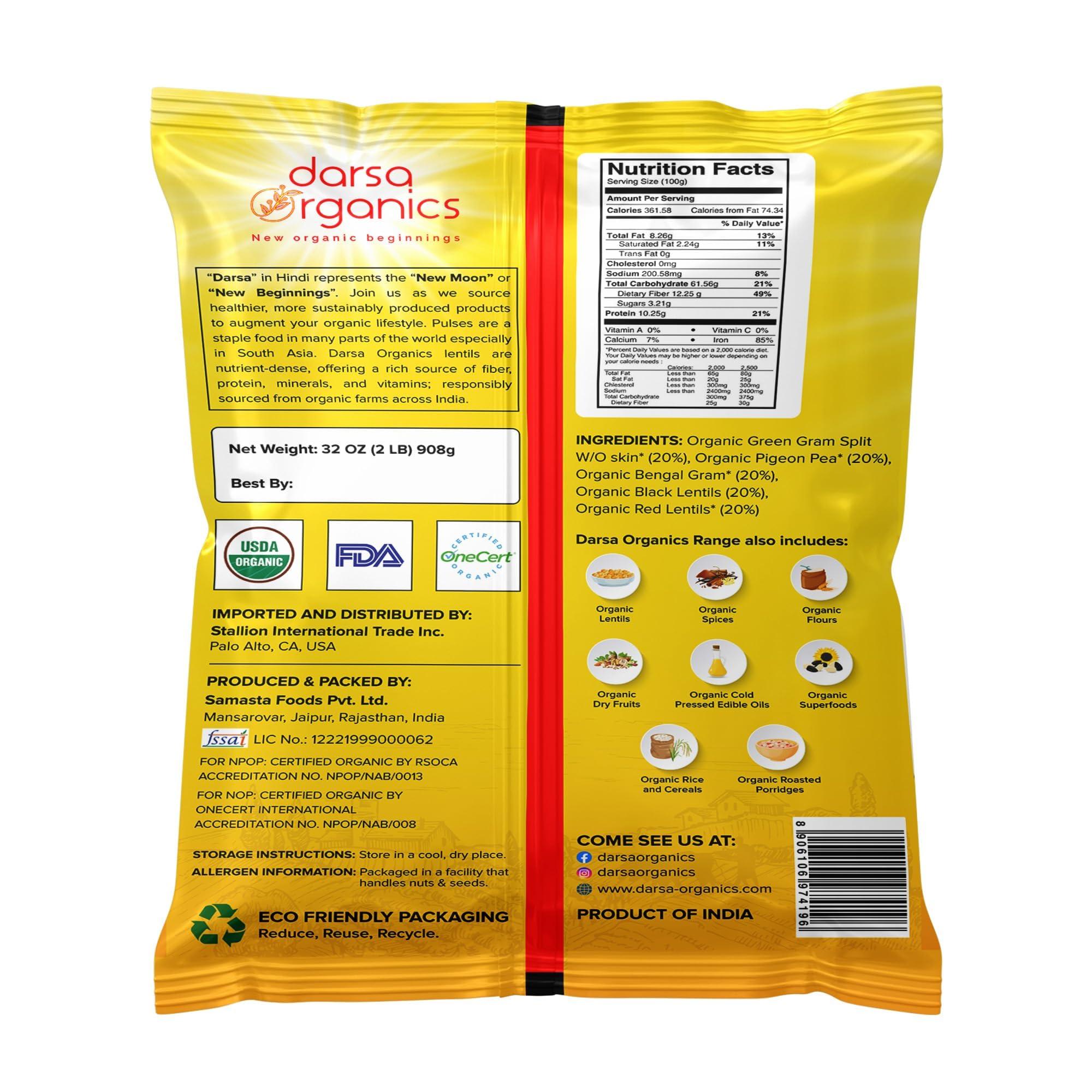 Darsa Organics Mix Lentils 2 lb – USDA Organic, Non-GMO, Kosher Mixed Dal – High Protein Indian Red Lentil Blend for Soup, Stews, Curry & Snacks – Chemical-Free, Premium Quality, Food-Grade Packaging - Image 2