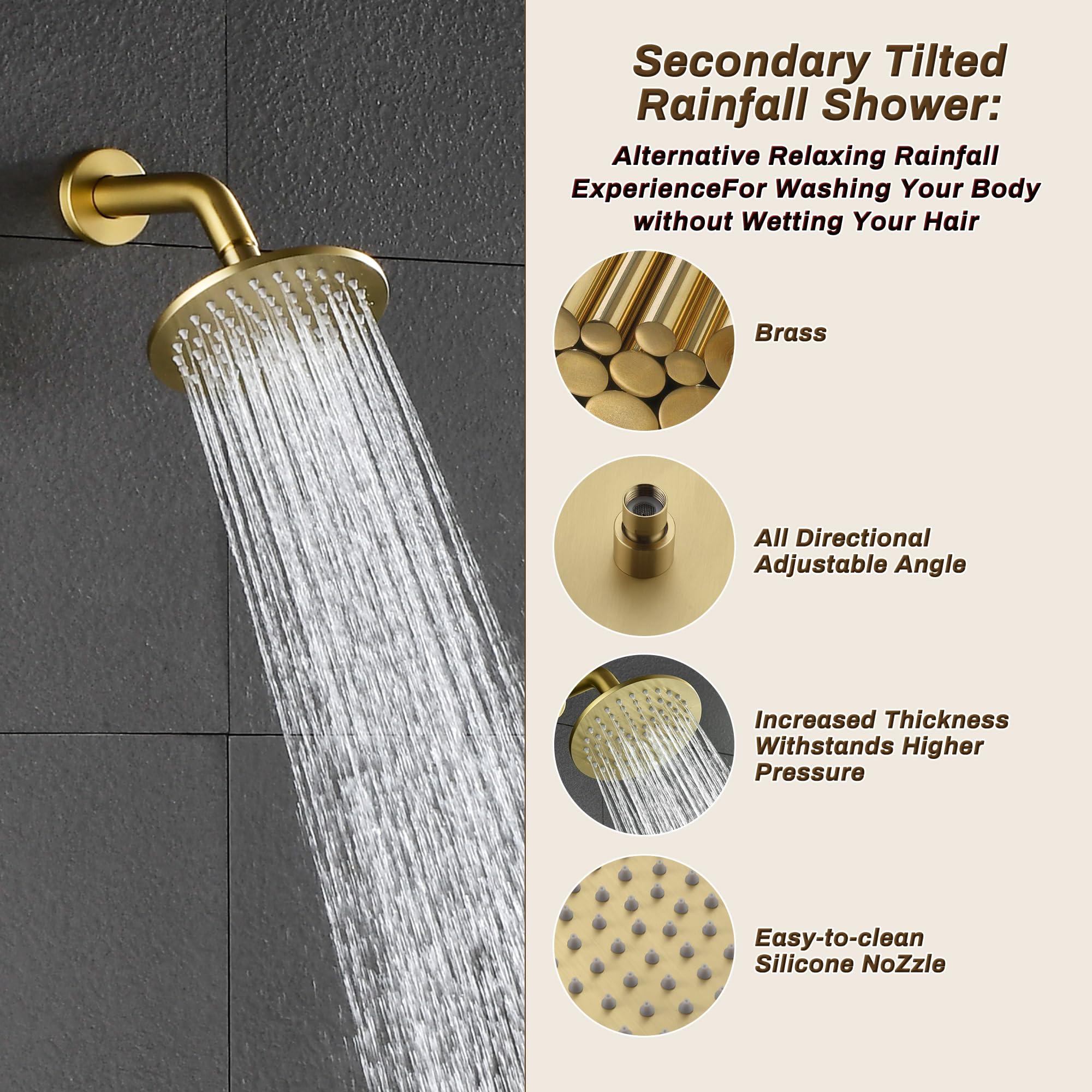 Tomfaucet Rain Shower System, Push Button Diverter Shower Faucet Set with 2 in 1 Handheld Spray, Wall Mount Shower, Ceiling Mount Shower Head 3-Function Rainfall Shower System-Brushed Gold - Image 6