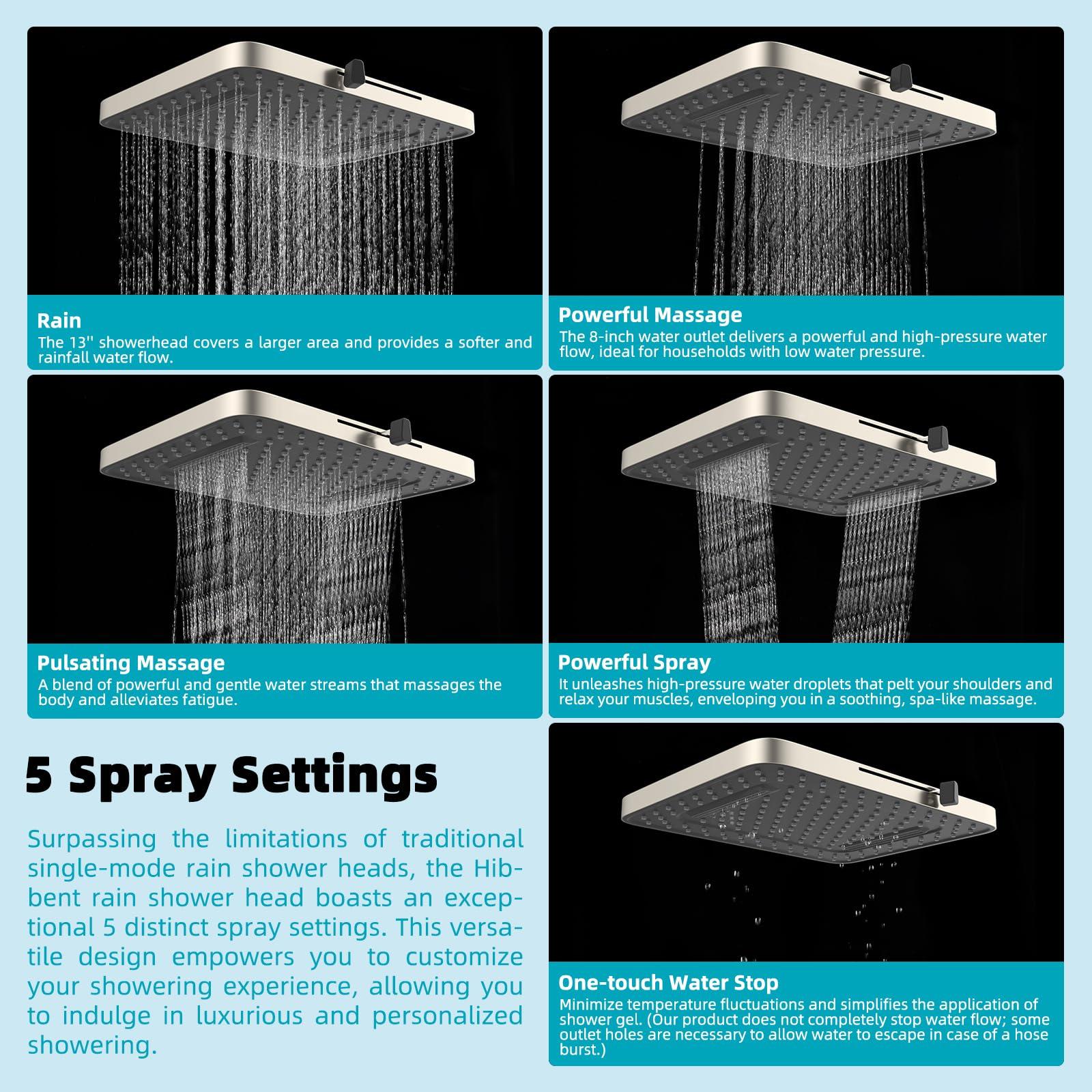 Hibbent 5 Spray Modes Shower Head, 13'' High Pressure Rain Shower Head, Large Rainfall Showerhead, High Flow Waterfall Bathroom Fixed Showerheads, Adjustable Swivel Ball Joint, Brushed Nickel - Image 3