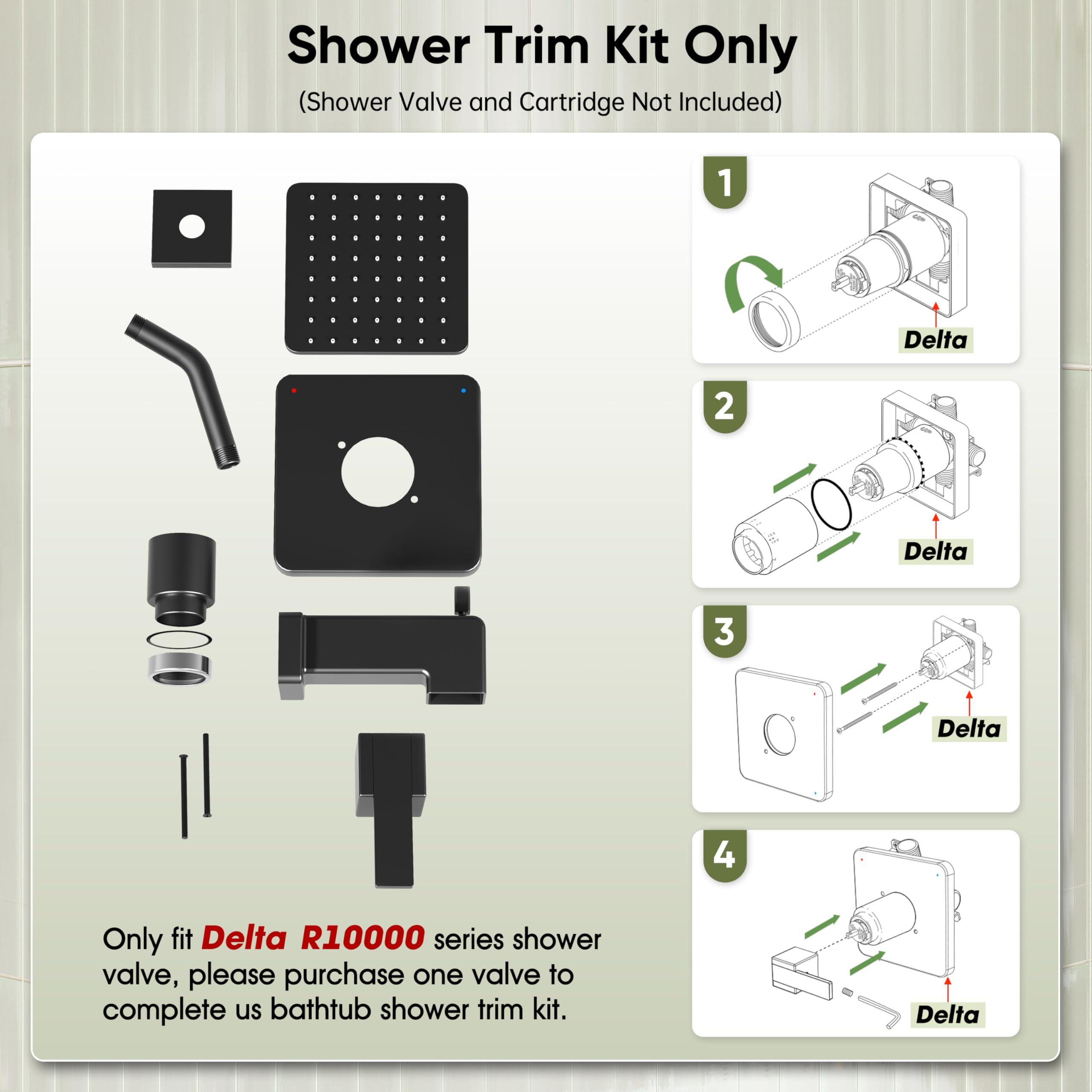 Replacement for Delta Shower Trim Kit 14 Series, All Metal Tub Shower Faucet Set, 6-Inch Matte Black Shower Head and Handle Set(Valve/Cartridge Not Included) - Image 8