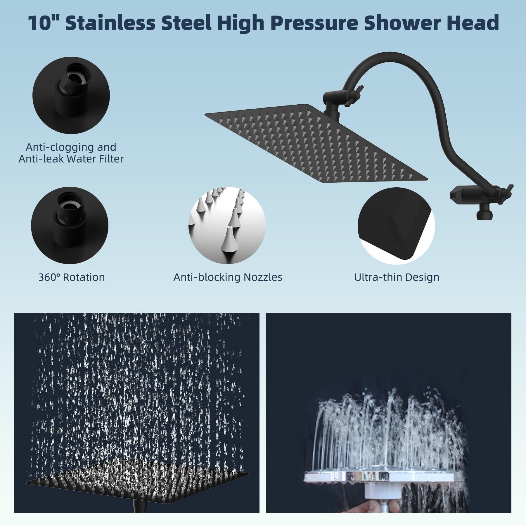 Hibbent All Metal High Pressure Rainfall 10 Inch Shower Head/Handheld Showerhead Combo/ 12 Inch Adjustable Curved Shower Extension Arm, 7-Spray, 71-inch Hose, Adhesive Showerhead Holder, Matte Black - Image 6