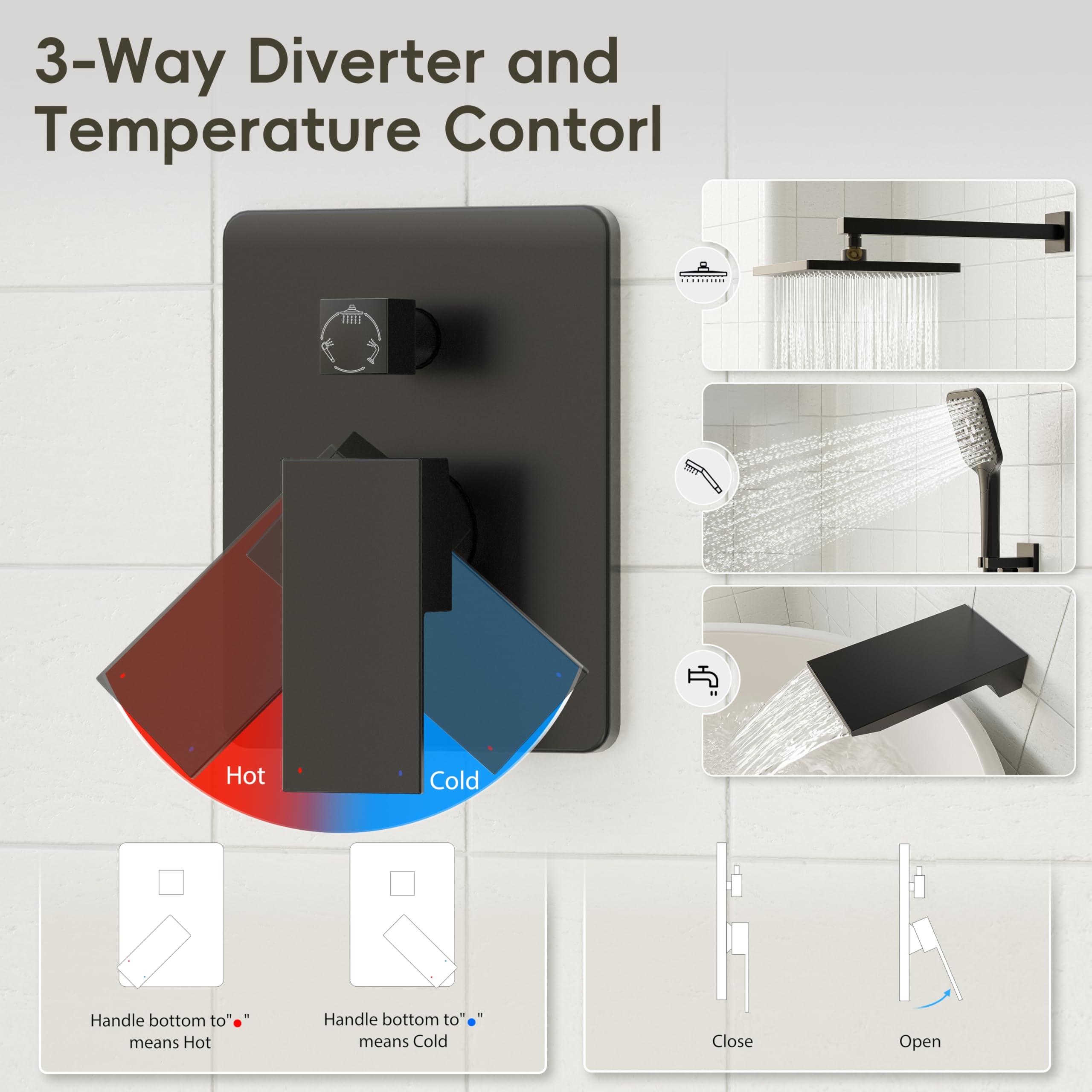 Gabrylly Shower System with Tub Spout, Wall Mounted Tub Shower Faucet Set for Bathroom with High Pressure 10" Rain Shower head and 3-Setting Handheld Shower Head Set,Matte Black - Image 7