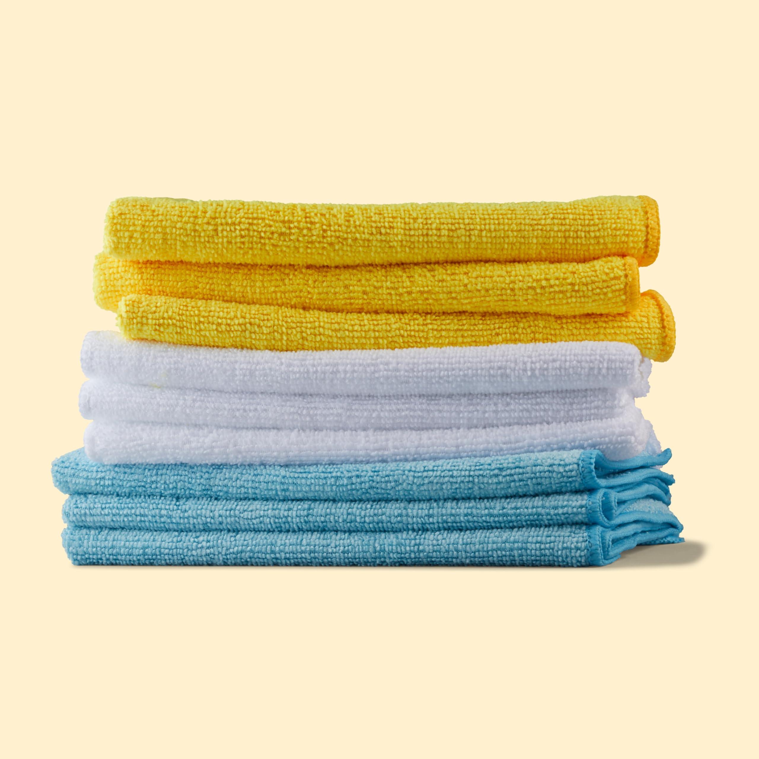 Amazon Basics Microfiber Cleaning Cloths, Ultra Absorbent, Lint Free, Streak Free, Non-Abrasive, Reusable and Washable, 16" x 12", Blue/White/Yellow, Pack of 24 - Image 6