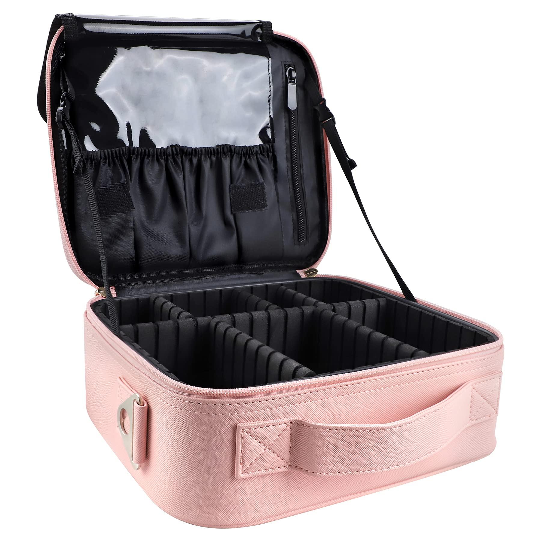 gzcz Makeup Bag Organizer 10.2'' Travel Makeup Train Case Cosmetic Brush Organizer Portable Artist Storage bag with Adjustable Dividers and shoulder strap for Make up Accessories (Cute Pink) - Image 4